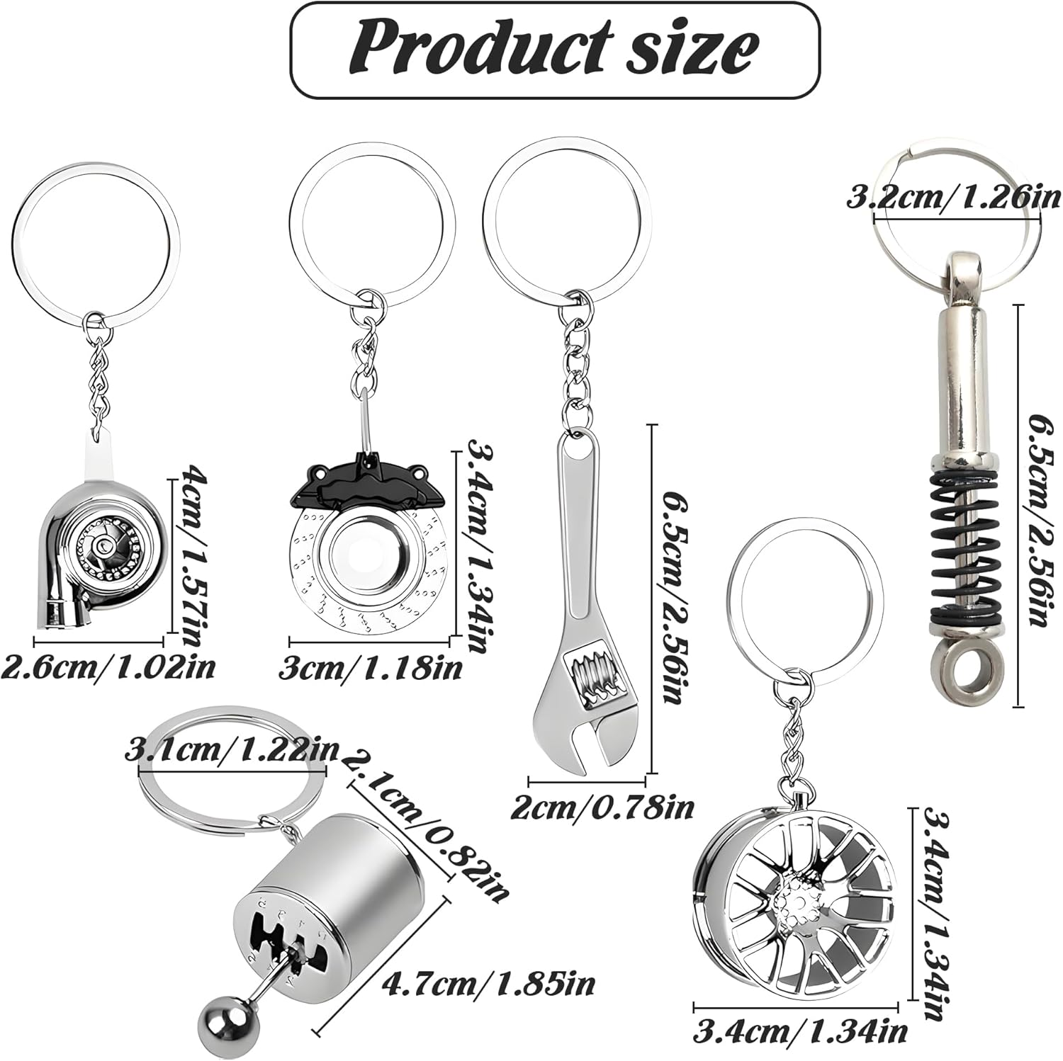Mini Turbocharger Keychains - 6Pcs Durable Metal Car Keychains with O-Ring Tool, Compact & Portable Keychain Accessories for Car Fans, Silver Racing Car Keyring Gift image number 6