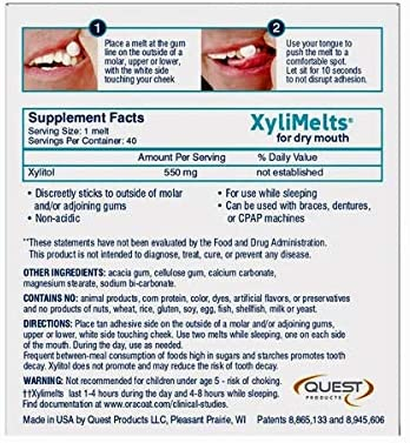 Oracoat Xylimelts Dry Mouth Relief Moisturizing Oral Adhering Discs Slightly Sweet with Xylitol, for Dry Mouth, Stimulates Saliva, Non-Acidic, Day and Night Use, Time Release for up to 8 Hours (80) 2 Packs image number 6