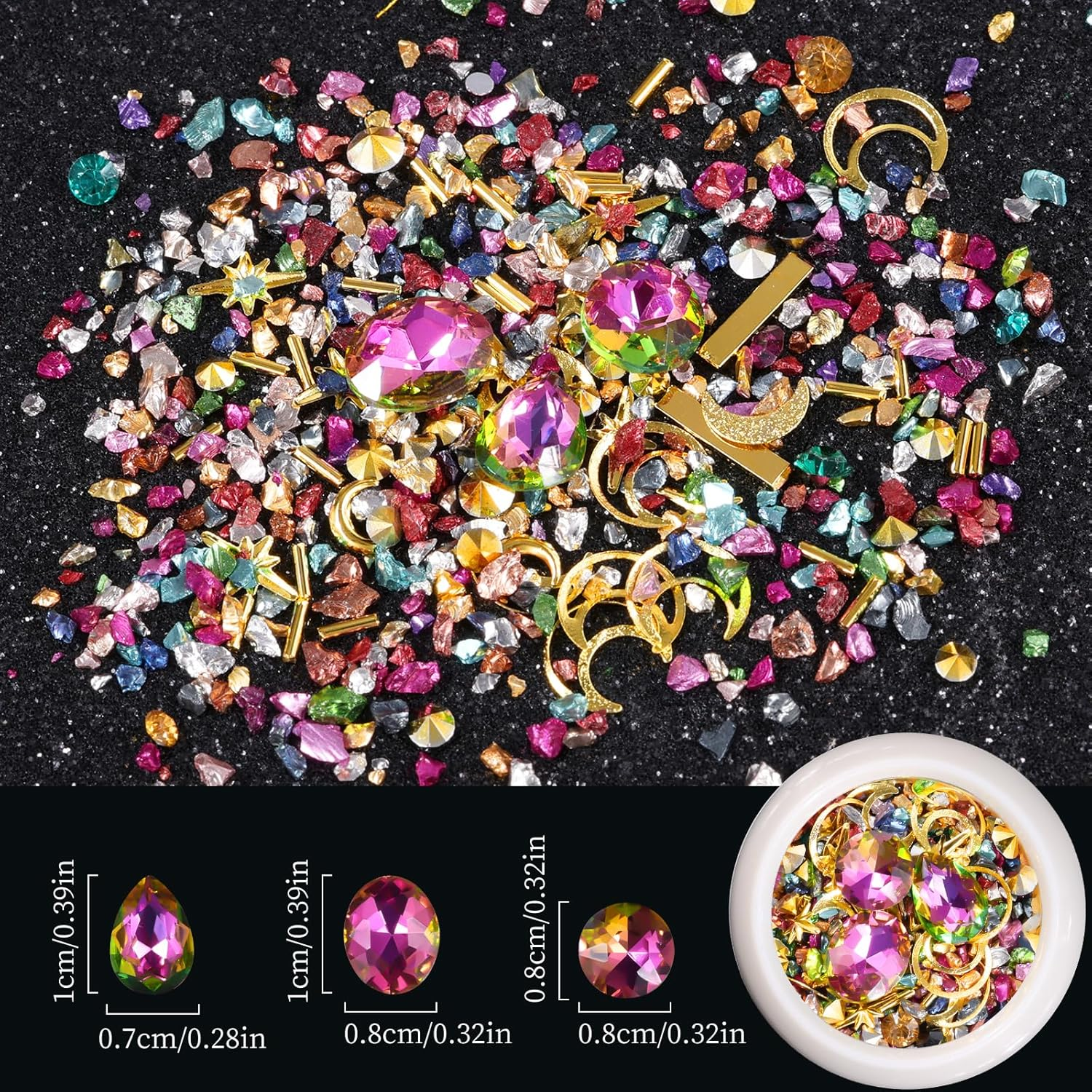 (Micro Mini Stones Kit) - Edittime 6 Wheels Mixed Sparkle Nail Art Rhinestones Diamonds Crystals Beads Artificial Pearls and Gold Silver Nail Studs Gems Metal Rivets Charms Hollow Moon Star Shaped