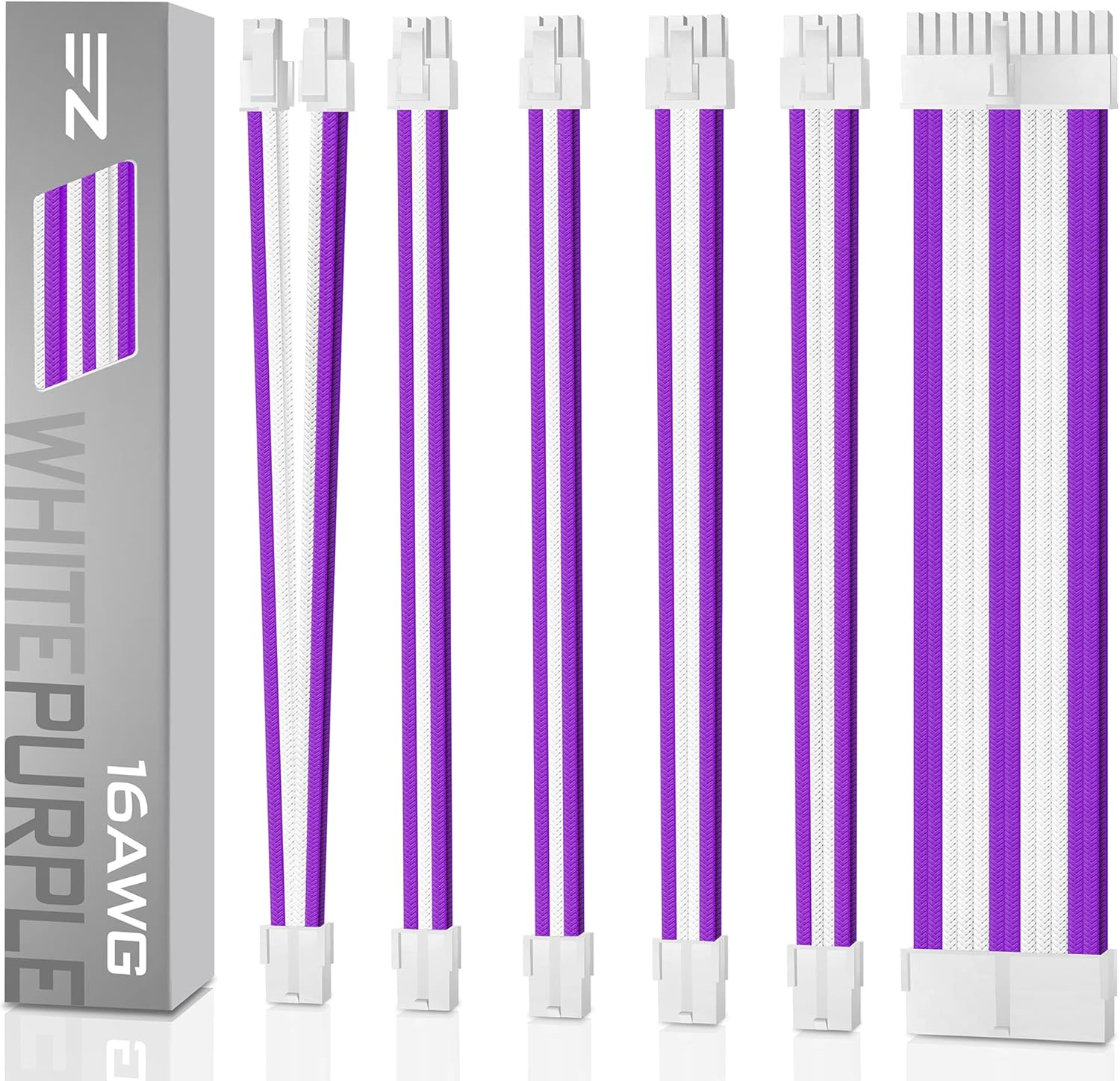 EZDIY-FAB PSU Cable Extension Kit - Sleeved Custom Power Supply Extension 16 AWG 24-PIN 8-PIN 6-PIN 4+4-PIN with Combs - White Connector and Purple Cable