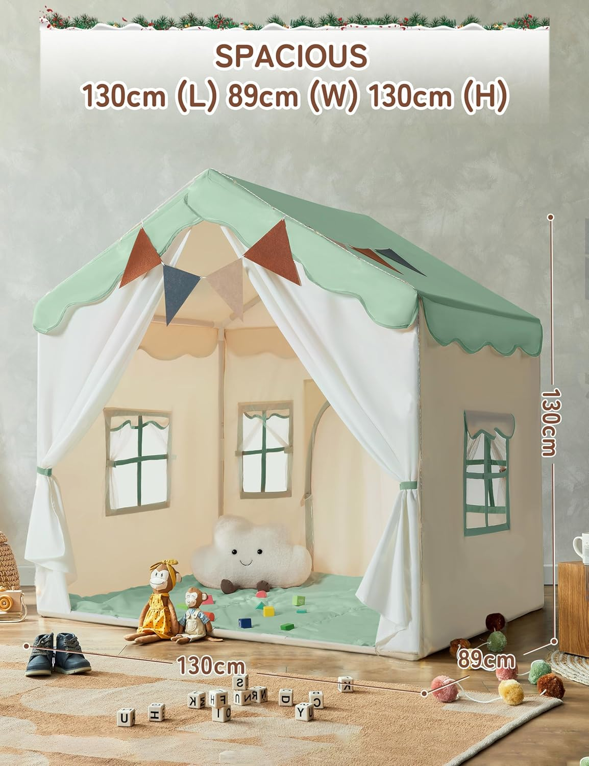 Kids Play Tent, Kids Playhouse 2 in 1 with Padded Mat, Indoor & Outdoor,130 X 89 X 130 Cm, Mint Green and White image number 4