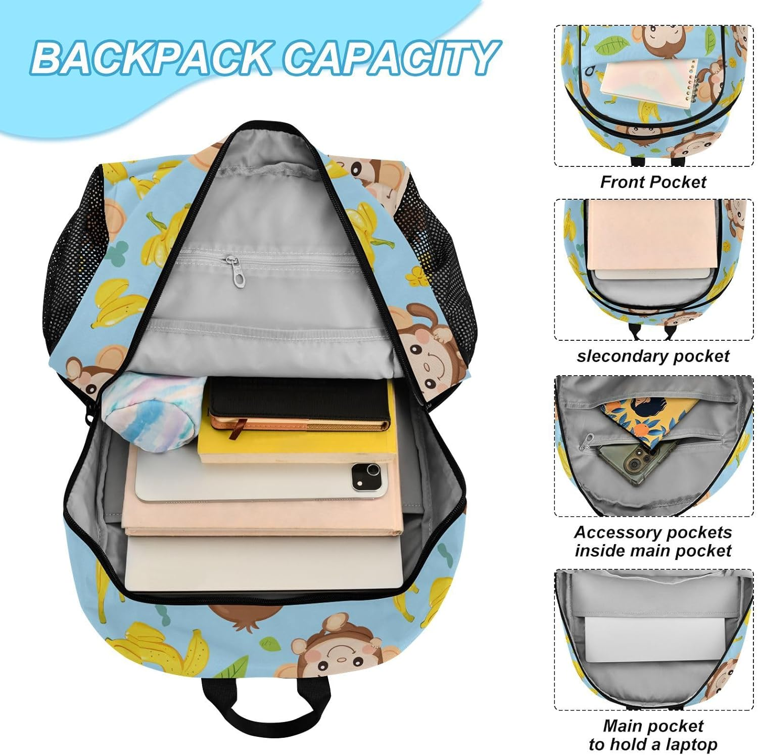 Miaozhen Cute Monkey Bananas Glory Blue Backpack and Lunch Box for Boys Boys Backpacks and Lunch Box School Backpacks for Girls with Lunch Box Age 8-10 Years Old, Cute Monkey Bananas Glory Blue, 1 image number 1