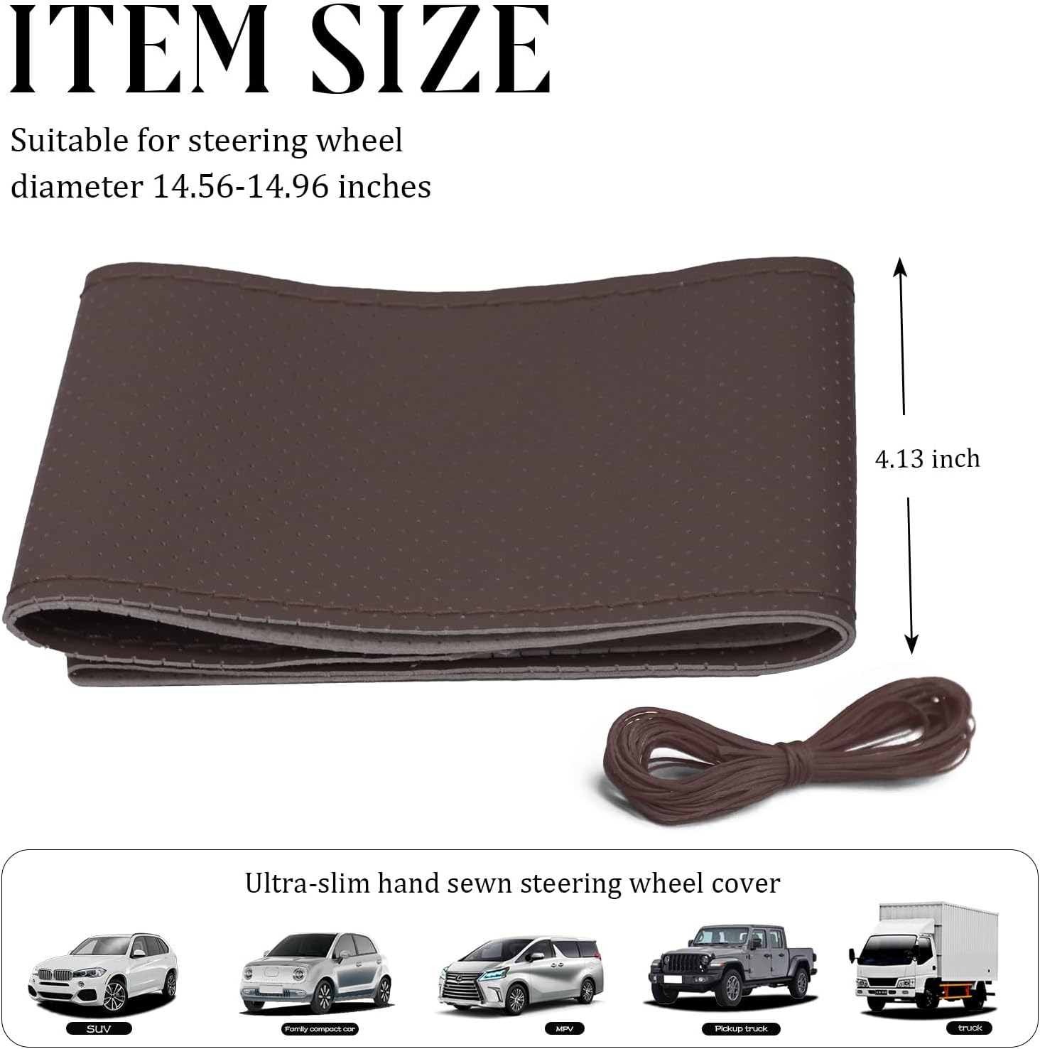 Micro Fiber Leather Steering Wheel Cover, DIY Sewing with Needle & Thread, Breathable Anti-Slip Car Steering Wheel Protector, Universal 15 Inch Auto Steering Wheel Stitch on Wrap (Coffee, Full Hole) image number 5