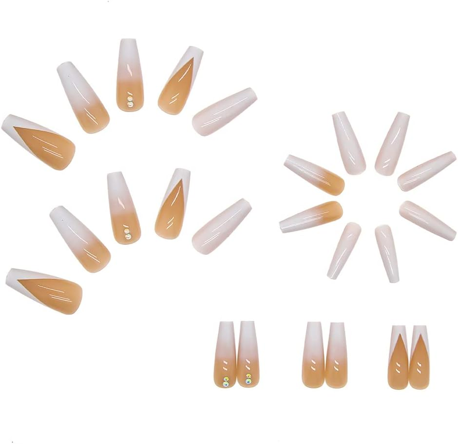 Rikview French Press on Nails Long Fake Nails Coffin with Rhinestones White Nails Glossy Acrylic Nails for Women