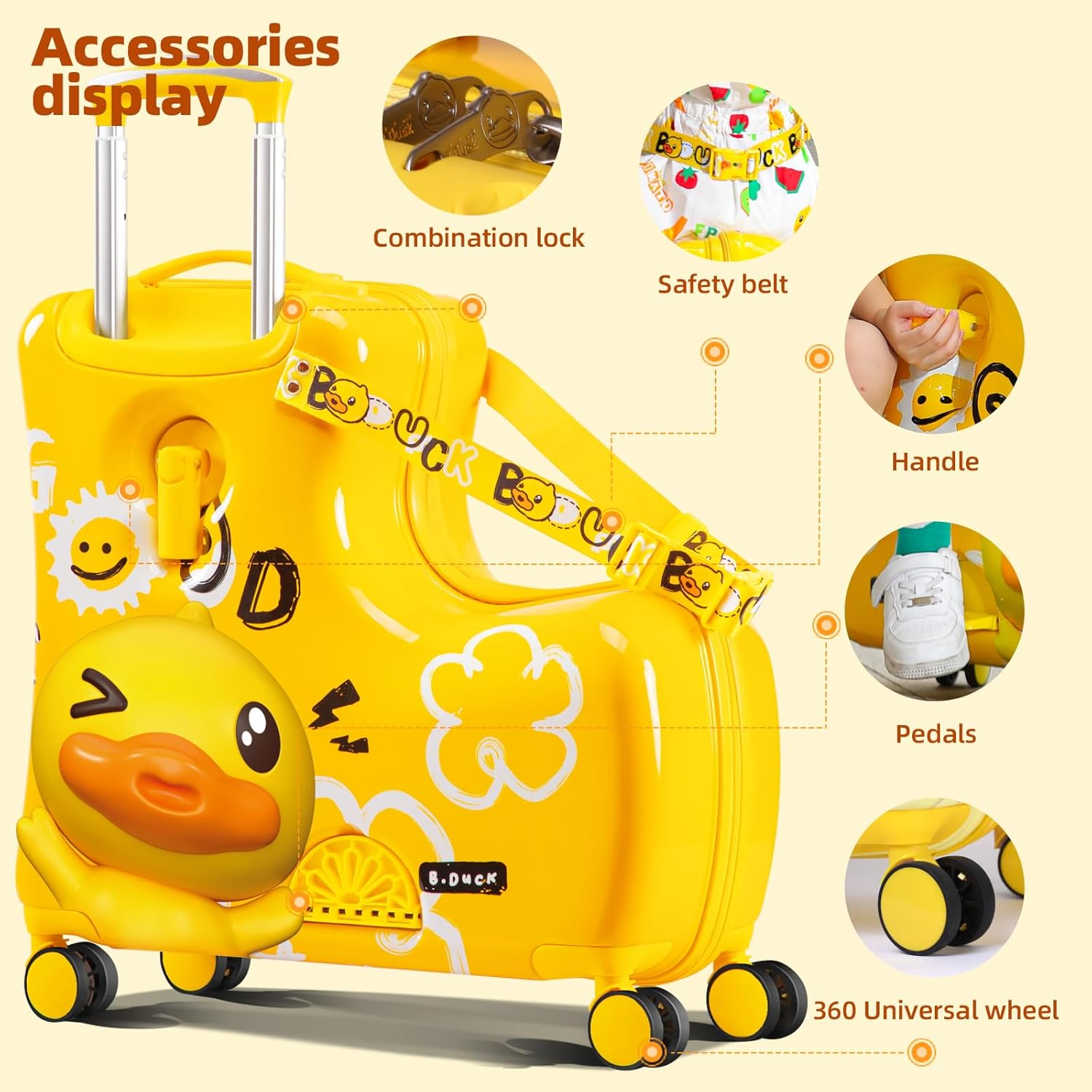 AO WEI LA OW Kids' Lightweight Ride on Luggage with Spinner Wheels & Foldabe Design, Pink, 20"+ Aged 1-3 Toddler, Yellow Good