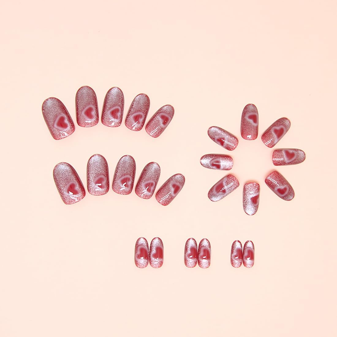 24 PCS Rose Red Press on Nails Heart Cat Eye False Nails Glossy Medium Oval False Nails Full Cover Stick on Nails Tips for Women and Girls image number 4