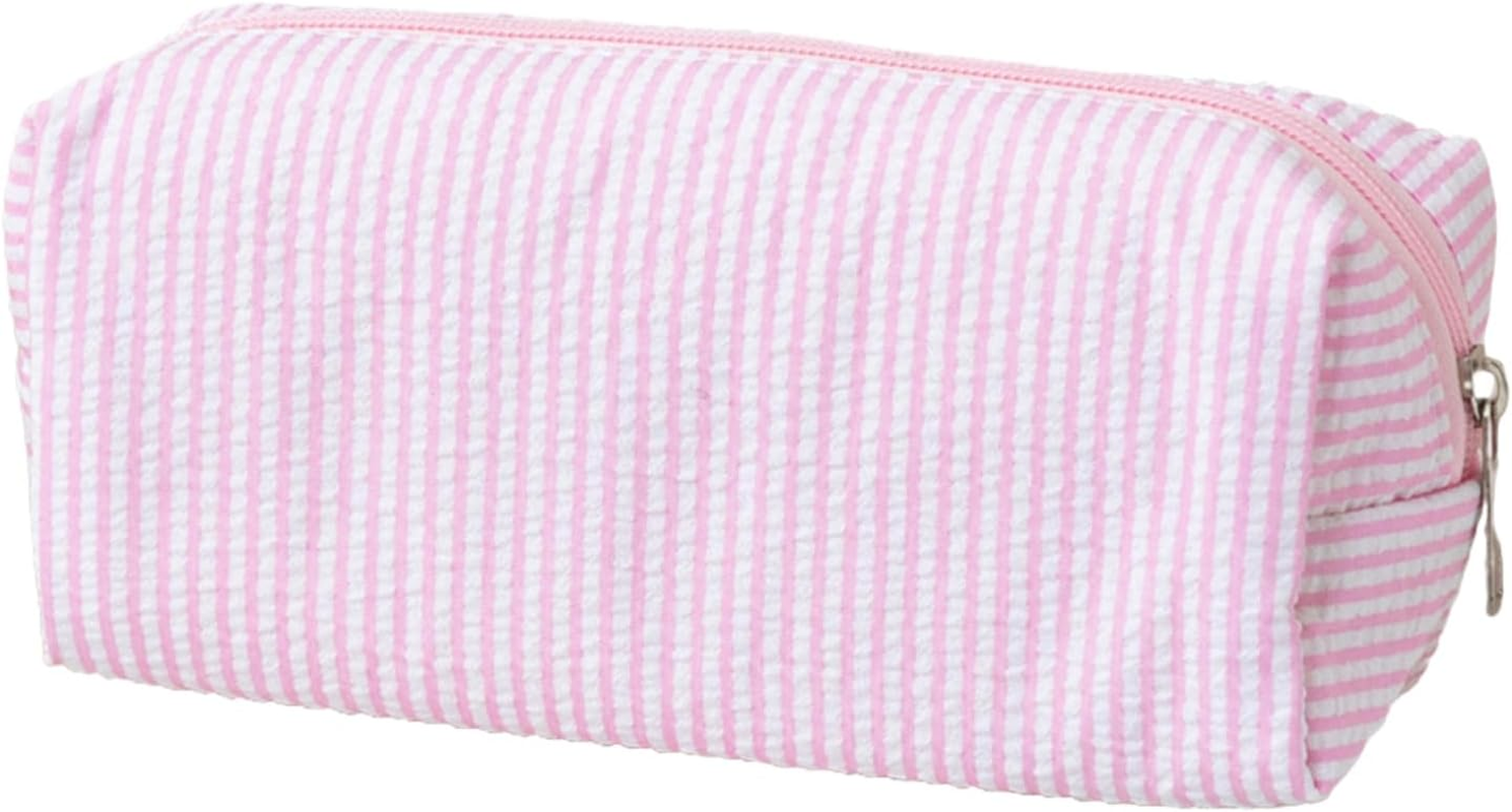 Hfhungkeong Cute Pencil Case, Seersucker Pencil Bag Desktop Stationery Finishing Large Capacity Embroidery Striped Travel Storage Bag, Multifunctional Cosmetic Pouch(Light Blue)
