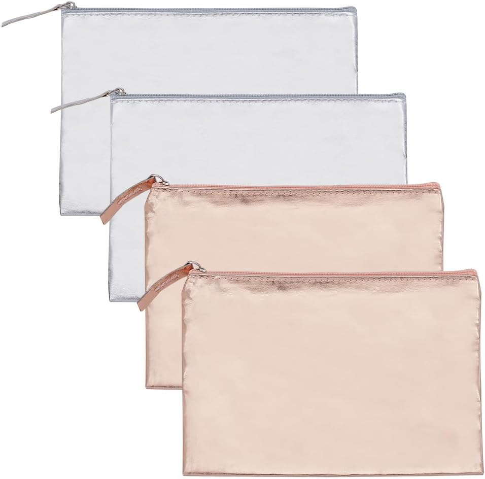 PLIGREAT 4 Pack Mini Makeup Bags, Silver Cosmetic Pouch with Zipper Small Champagne PU Travel Bag for Purse 21X15 Cm Waterproof Wristlet Wallet for Women Coin Key Holders, 2 Colors image number 1