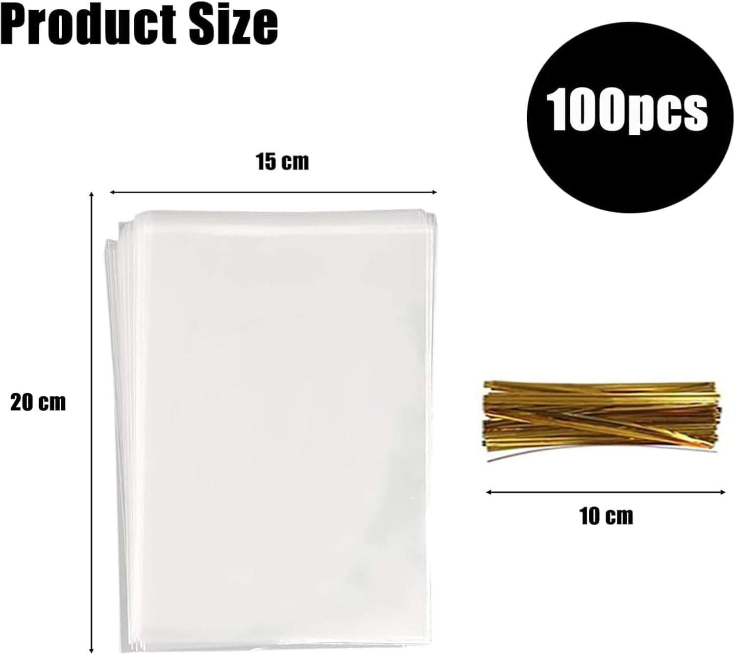 100 Pack of Cellophane Bags (15X20Cm), Cellophane Treat Bags, Clear Cellophane Gift Bags, Cellophane Clear Candy Bags, with 100 Gold Twist Ties for Graduation Birthday Weddings Party image number 1