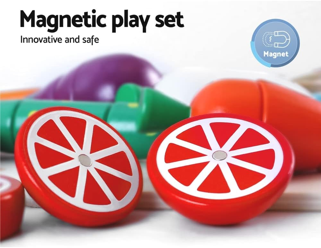 Keezi Kids Kitchen Set 29Pcs Pretend Play Food Playset Wooden Toys Children Cooking Cookware Sets Knife Safe Cutting Veggies Fruits Toy Home Cubby Furniture, Magnetic Connected Multicoloured image number 4