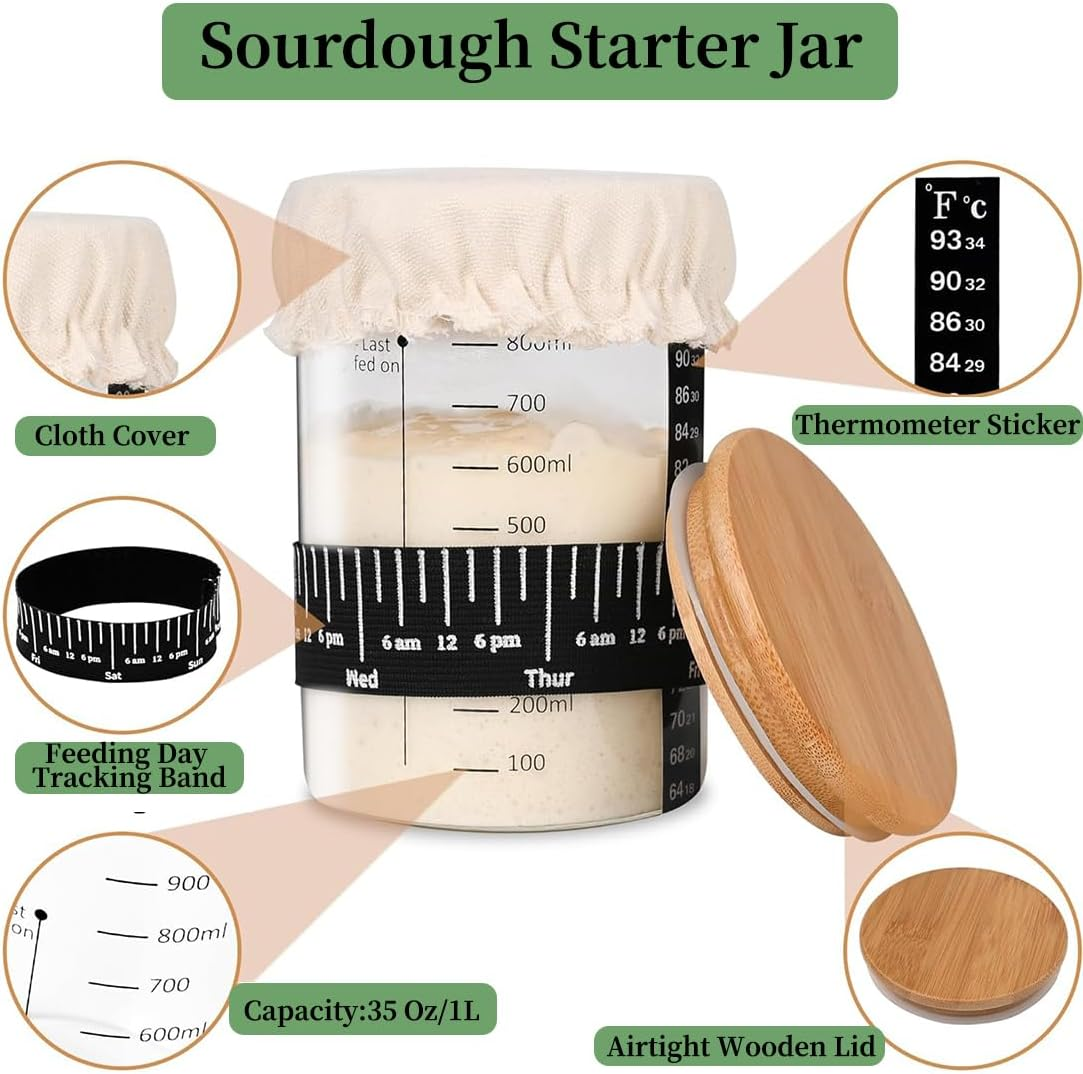 REASOR 2 Pack Sourdough Starter Jar Kit,35 Oz Glass Jars with Wooden Lids, Cloth Covers, Date Tracking Bands, and Silicone Spatulas for Artisan Bread Making image number 1