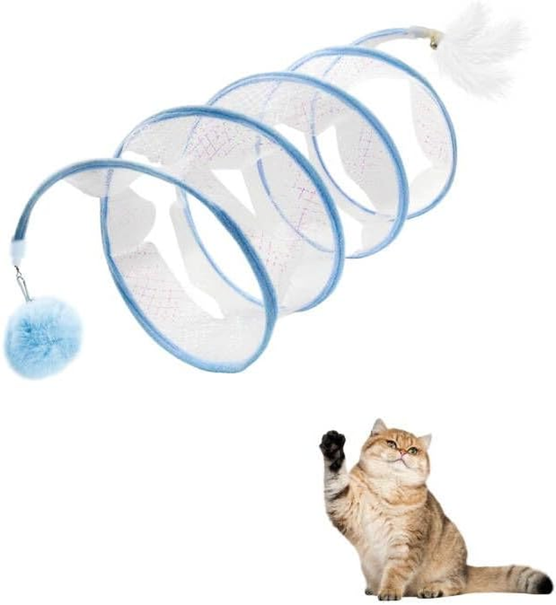 Andiker Folded Cat Tunnel Spring Toy, 8 Inch Spiral Cat Tunnel Toy with Feather & Ball & Bell, 3-In-1 Folded Cat Tubes, Interactive Cat Toy for Cats (Blue, S) image number 4