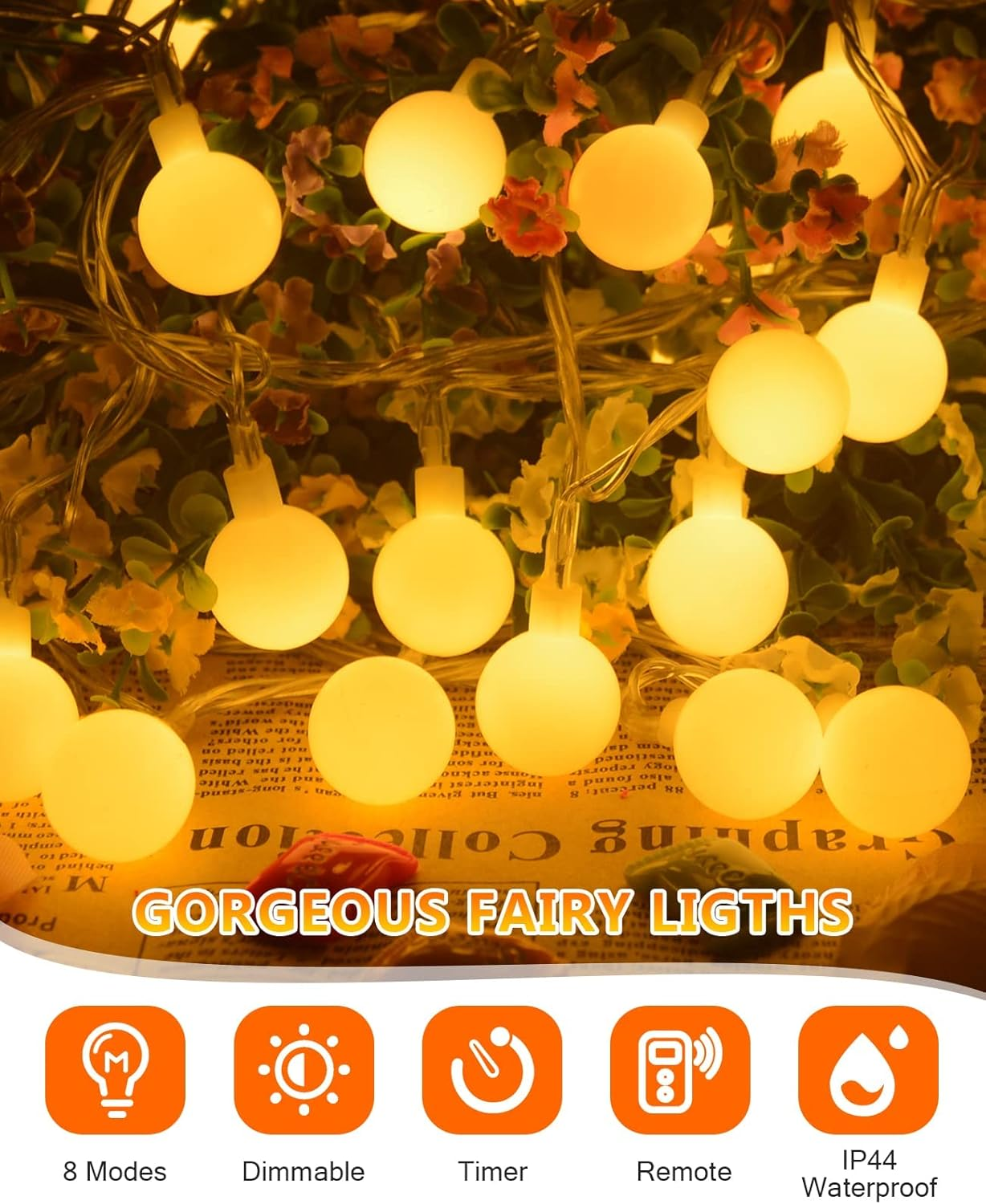 Beedove Globe Fairy Lights, 23FT 50 LED Battery Powered Ball String Lights 8 Modes Dimmable for Wedding Garden Christmas Tree Decor Indoor Outdoor Party Decor (Warm White) image number 2