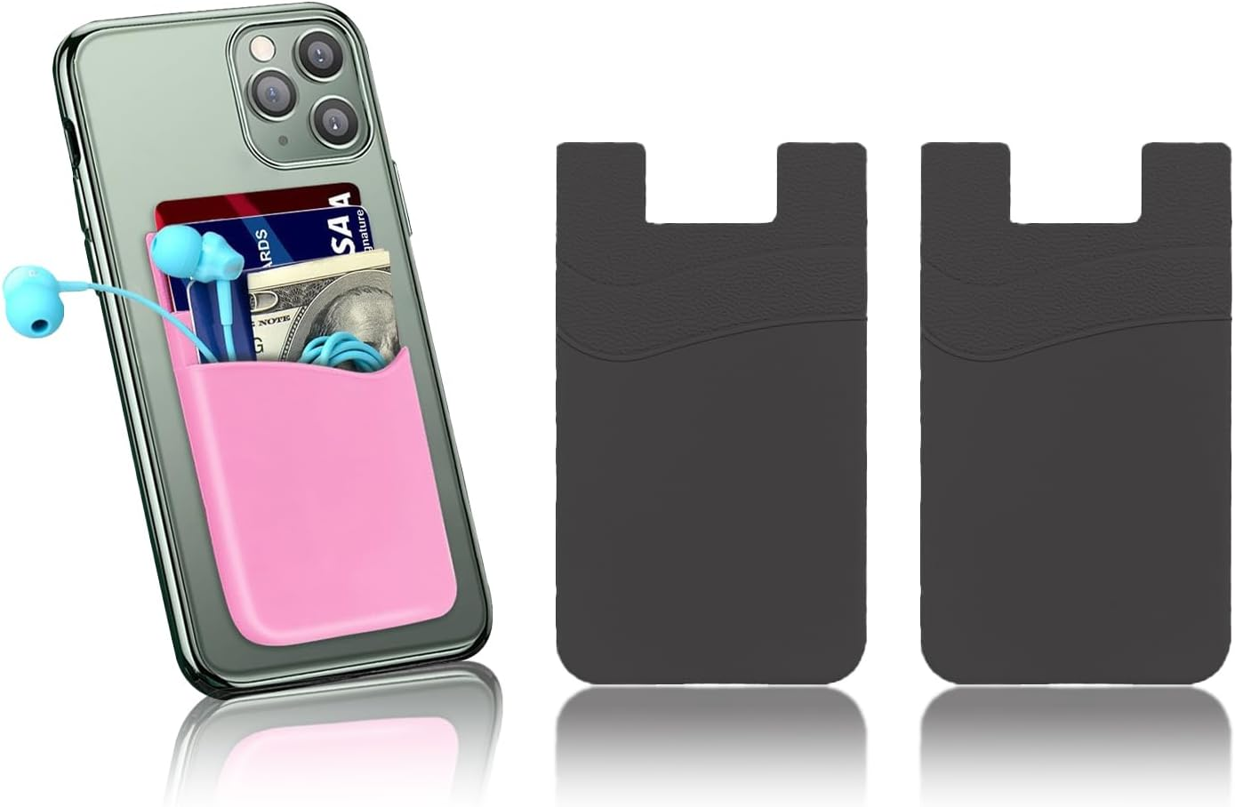 2Pcs Zakora Phone Wallet Stick On,Silicone Card Holder for Back of Phone Credit Card Holder for Phone Case Compatible for Credit Cards, Business Card, Cash & ID Cards (Black)