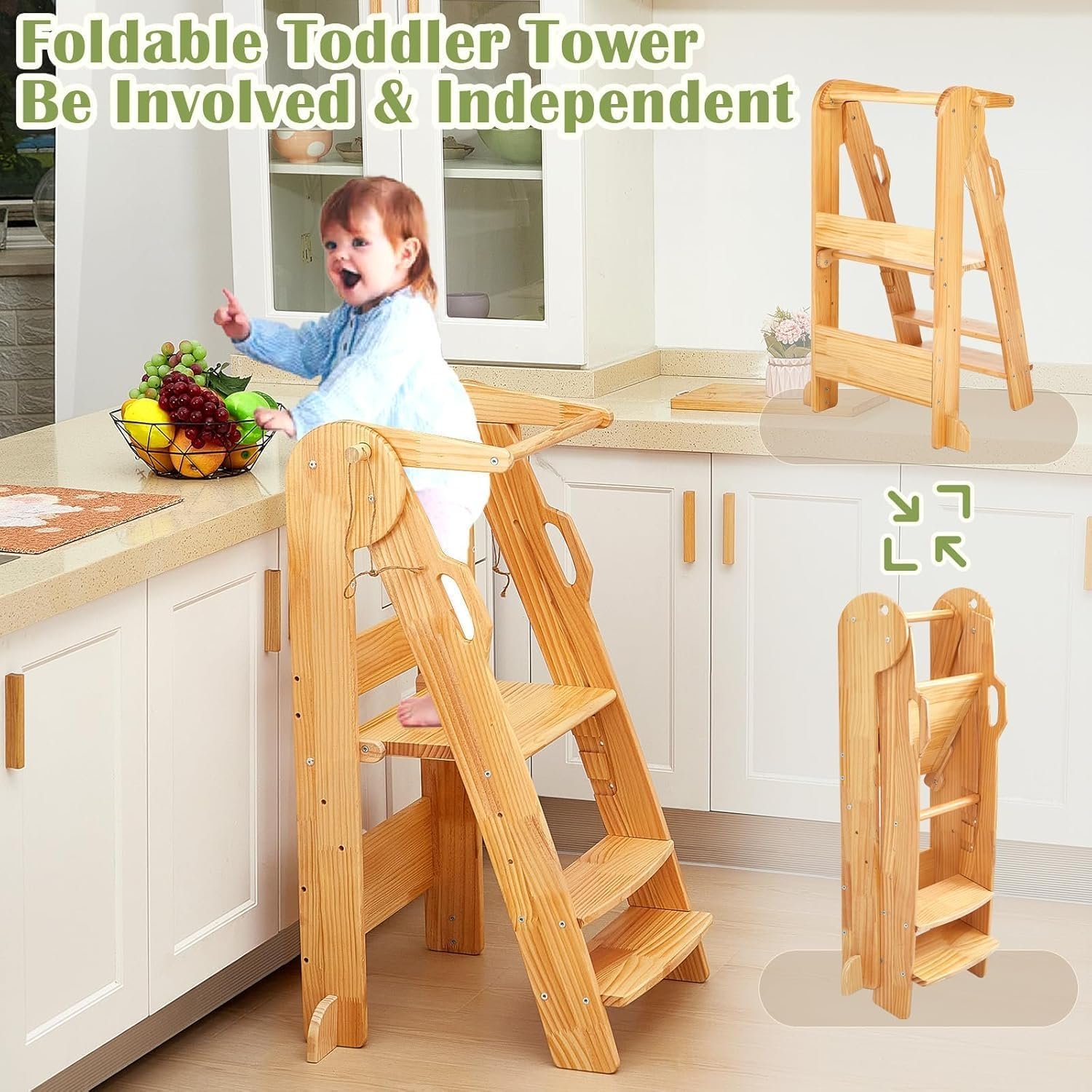 Foldable Toddler Kitchen Tower, Baby Montessori Kitchen Helper with Safety Rail, Kids Wooden Learning Tower Adjustable Learning Step Stool (Wood) image number 5