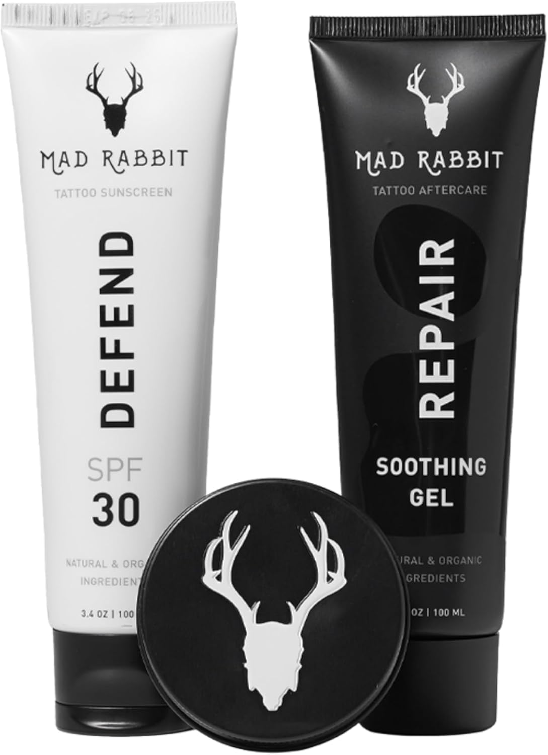 Mad Rabbit Tattoo Care Bundle Kit (3-Piece) Repair Soothing Gel, Enhance Balm & Defend SPF 30 Sunscreen - Full Coverage Tattoo Care Kit for New & Current Tattoos