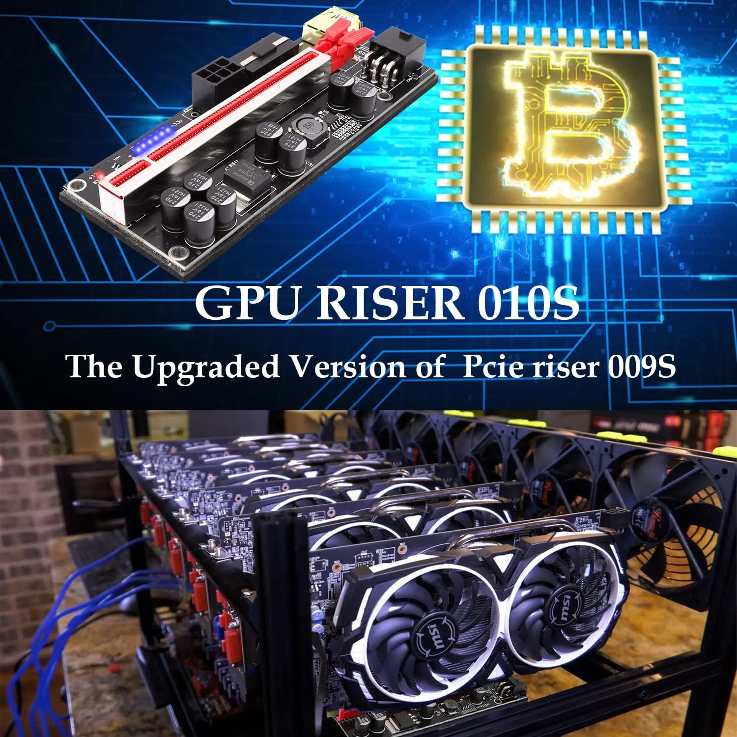 6 Pack Pcie Riser 1X to 16X, GPU Mining Card Powered Adapter VER010S PCI-E Extension Cable with LED & Triple Power Supply - Extender for ETH Mining