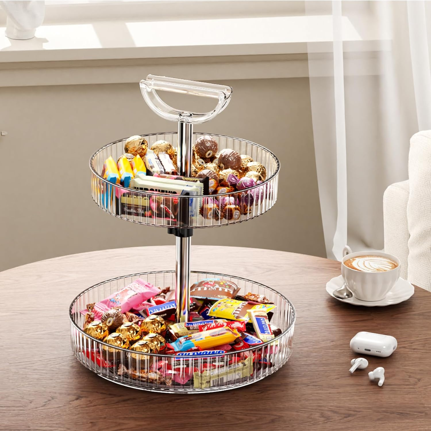 Lazy Susan Organizer, 360&deg; Rotat Turntable Capacity Adjustable Height Storage Rack, Non-Slip Storage Shelf for Kitchen, Cabinet, Countertop,Bathroom,Pantry Organiser (Transparent White)