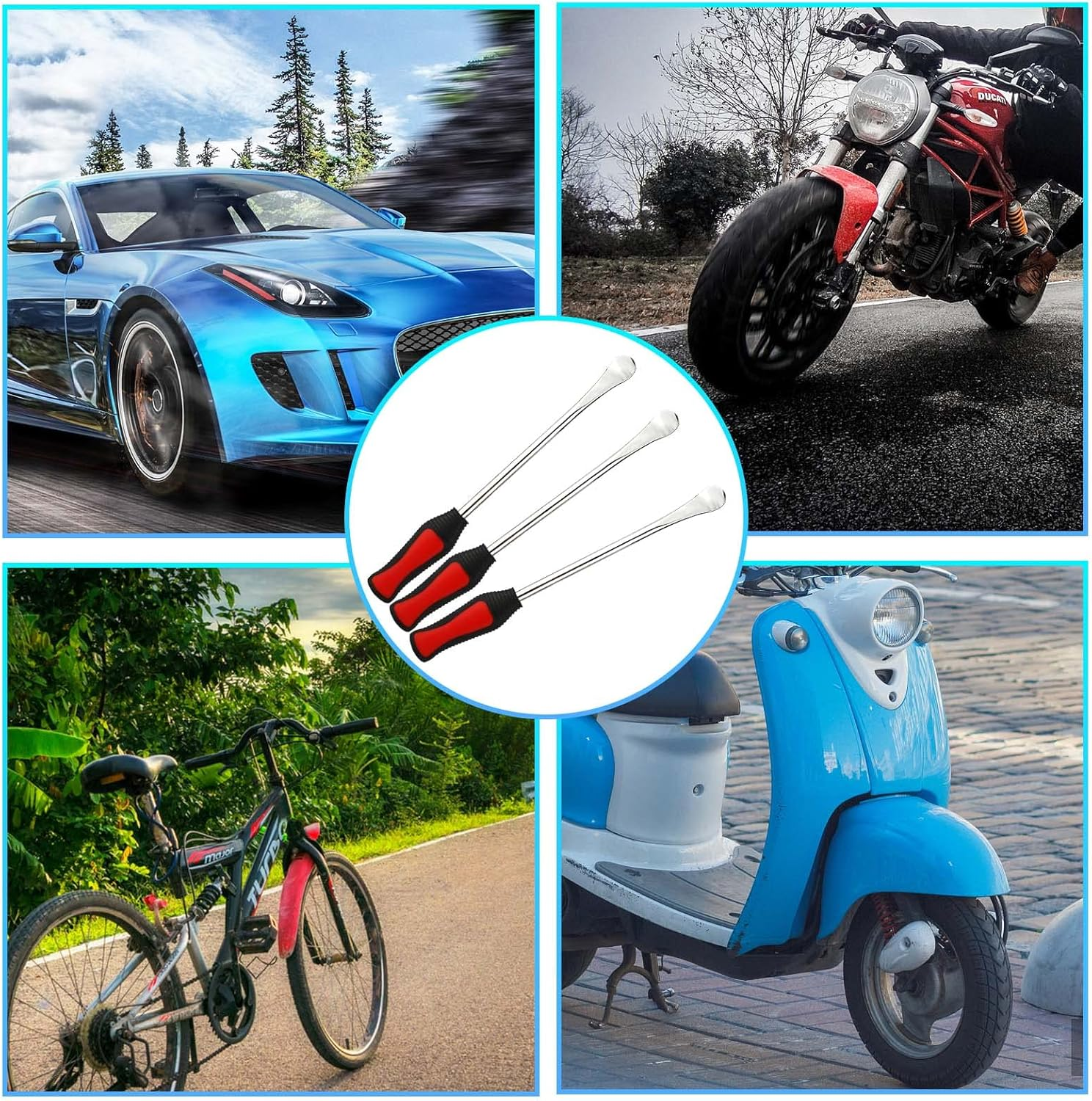 Royouzi Tyre Lever, Tyre Mounting Iron, 23 Suits, 3 X Tyre Lever Mounting Lever Tool, 3 X Wheel Rim Protectors, Tool Kit, 10 Tyre Valve Caps and Caps Tool Set for Motorcycle, Bicycle image number 5