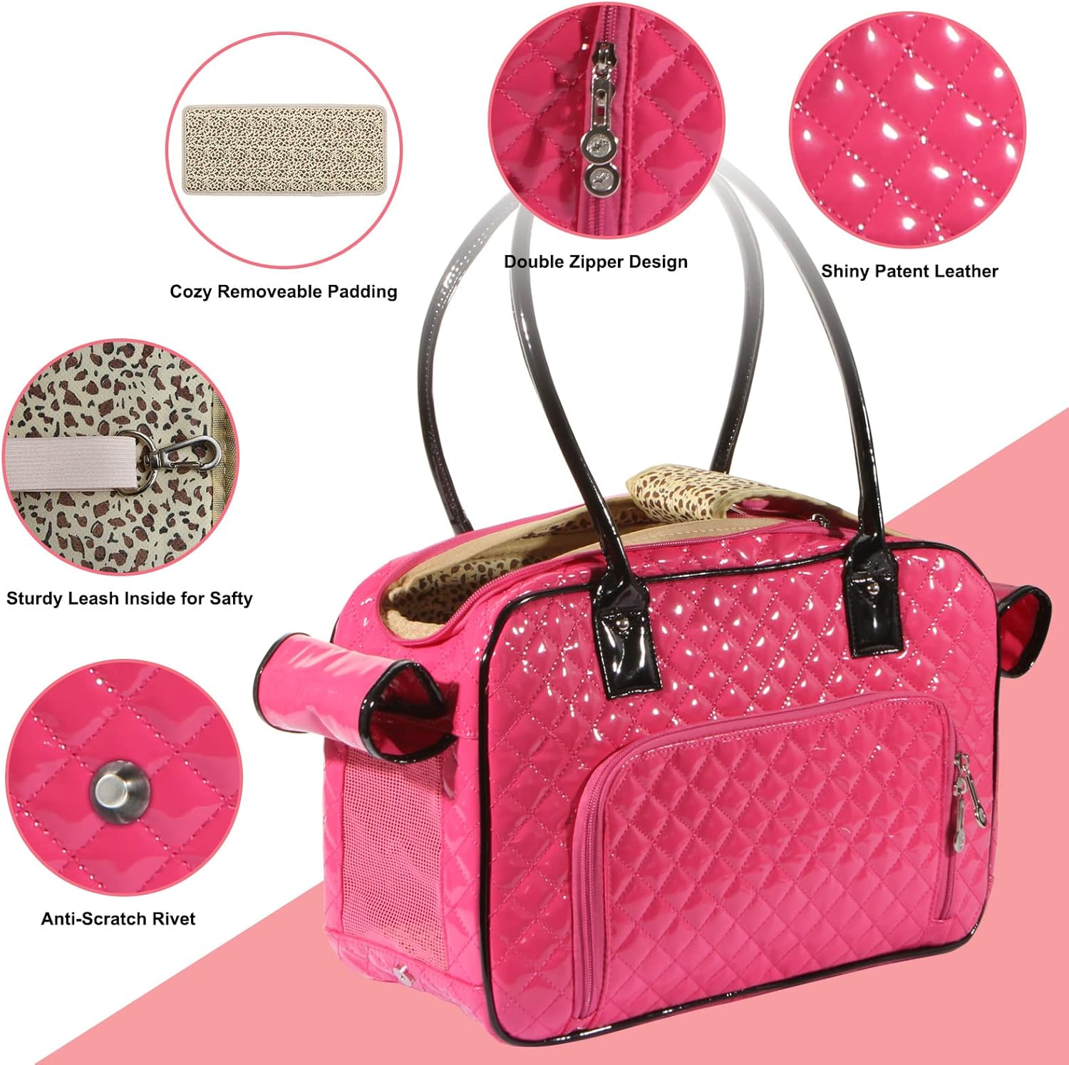 Betop House Mirror Surface Faux Leather Tote Purse Dog and Pet Carrier Travel Bag, Pink - Black And Pink image number 5