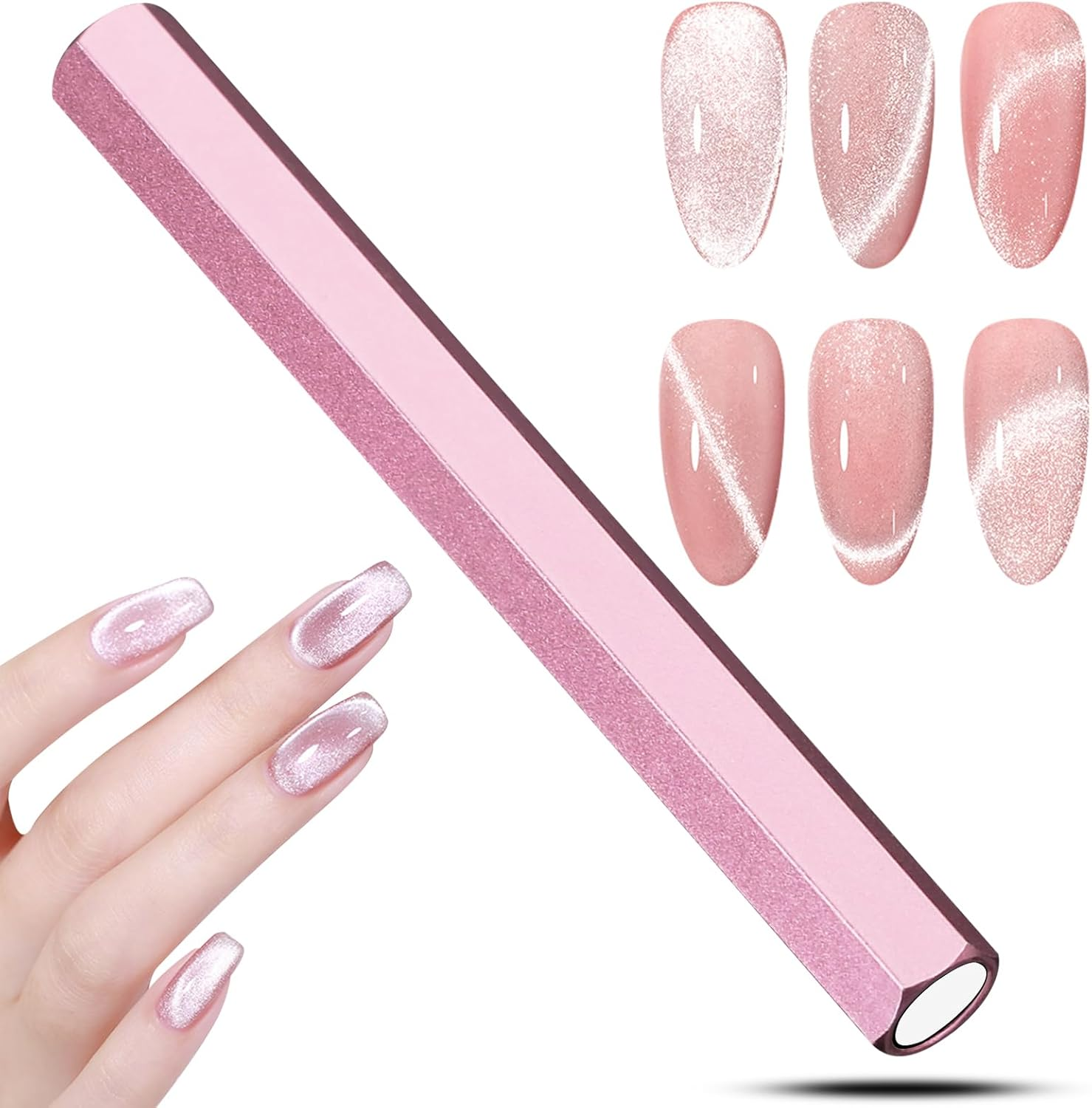 C12Rtive Cat Eye Magnet Tool,Professional Double-Ended Hexagon Strong Nail Magnet Stick for Cat Eye Gel Nail Polish,Suitable for Personal DIY, Nail Studio or Nail Salon(Pink), Long