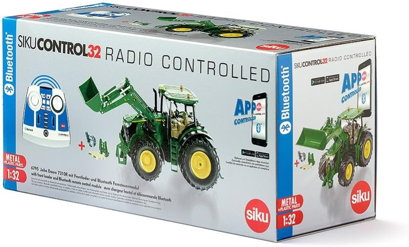 Siku 6795, John Deere 7310R Tractor with Front Loader, Green, Metal/Plastic, 1:32, Remote Controlled, Includes Bluetooth Remote Control and Accessories, Control via App