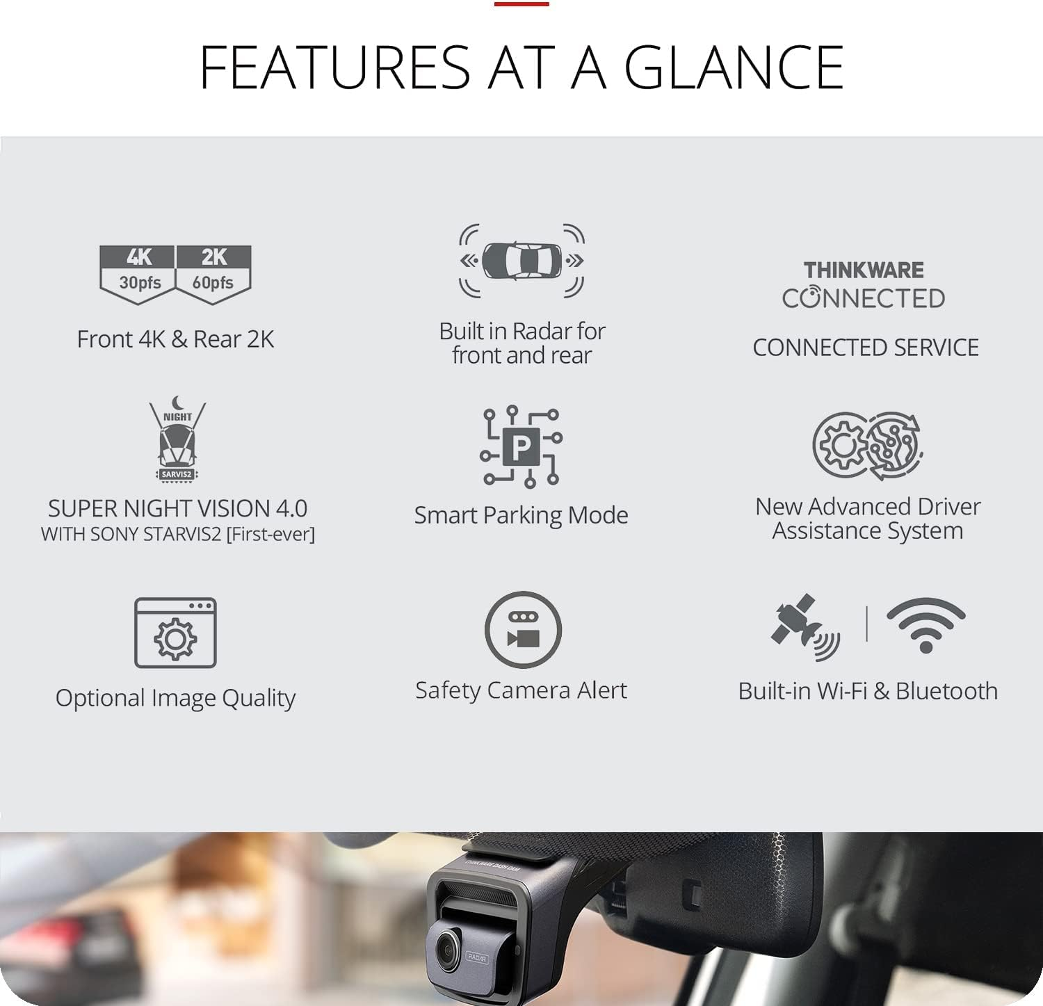 Thinkware U3000D UHD Front and Rear Dash Camera with Wi-Fi, Built-In GPS, Night Vision and 64GB Microsd Card