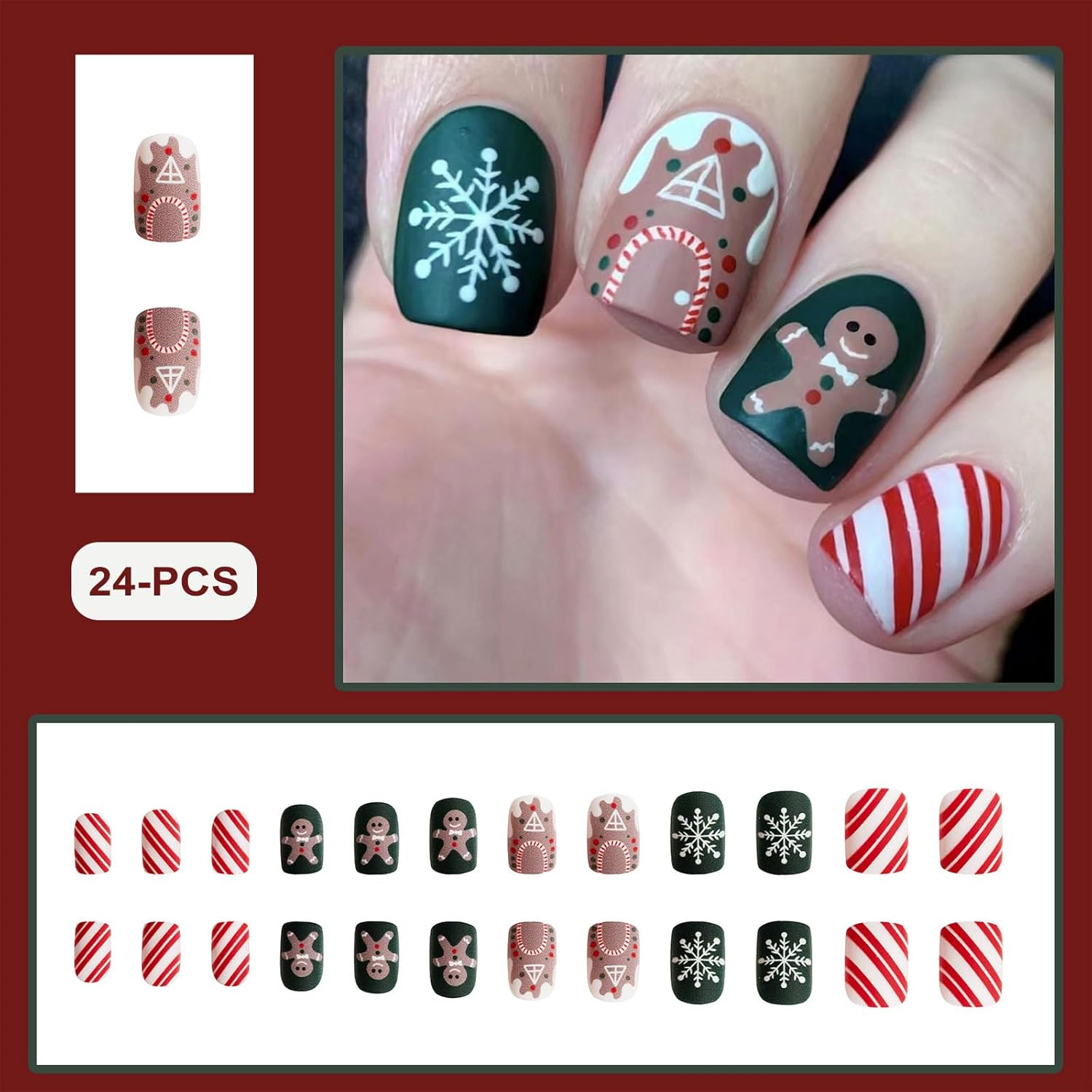 24PCS Christmas Press on Nails,Cute Short Square Xmas False Nails,Funny Fake Nails with Gingerbread Man and Snowflakes Design,Unique Glossy Manicure for Women or Girls - Fqx-Xmax-10 image number 3