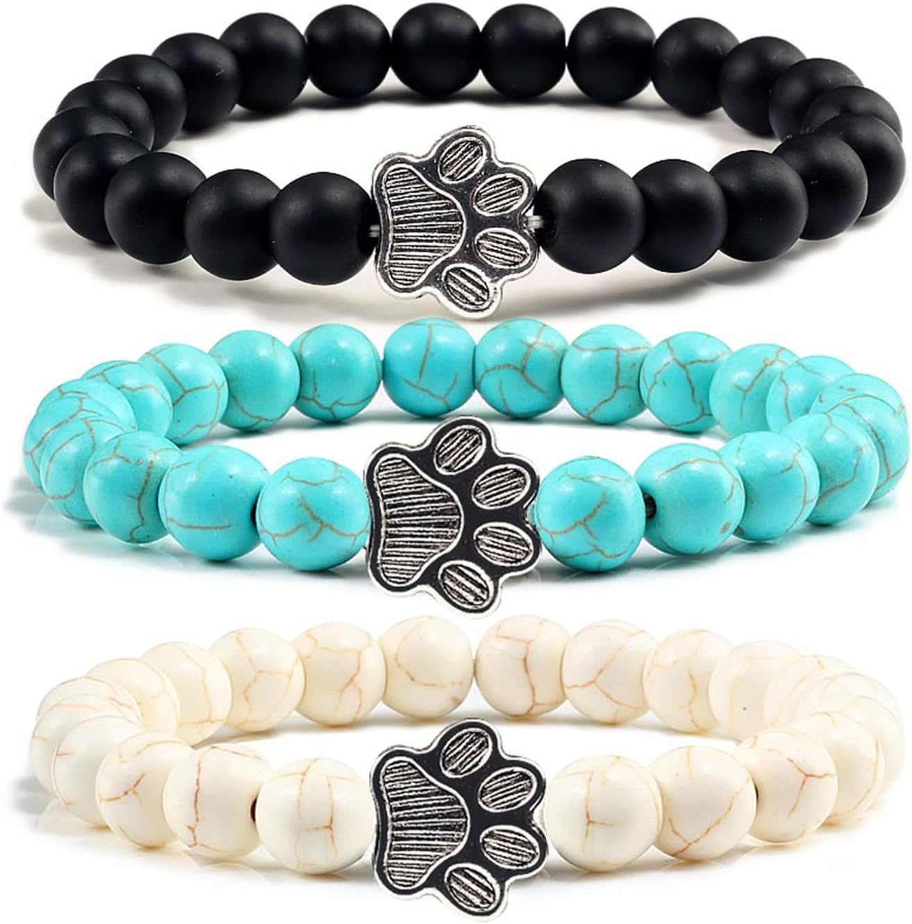 POYAMUSE Lovely Pet Paw Turquoise Beaded Strand Bracelet for Women Men Pet Memorial Jewelry, Cute Dog Cat Paw, Colorful Turquoise Beads