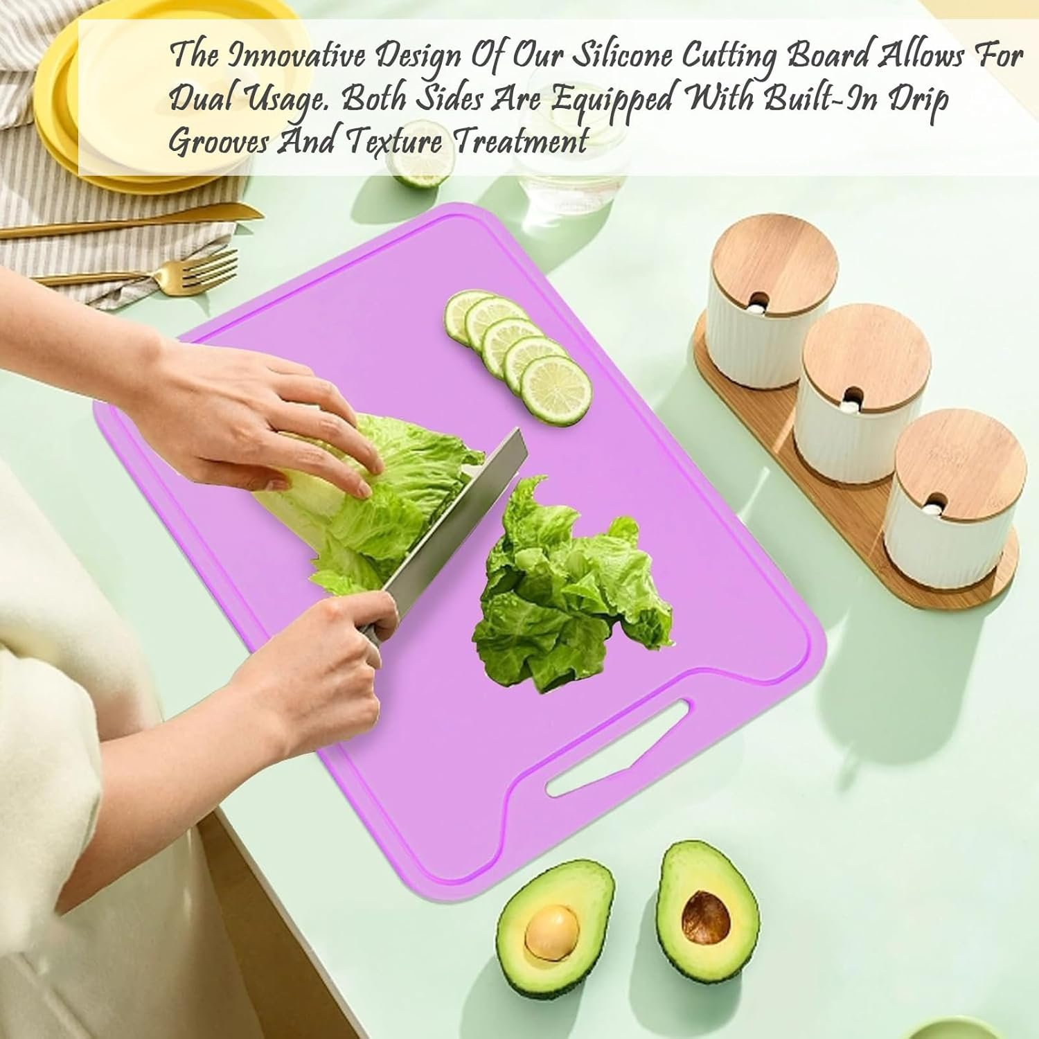 Thick Silicone Cutting Board, Double-Sided, Non-Slip, Juice Groove, Foldable, 11.65In * 8.58In, Yellow, Orange, Lavender, Purple, Blue