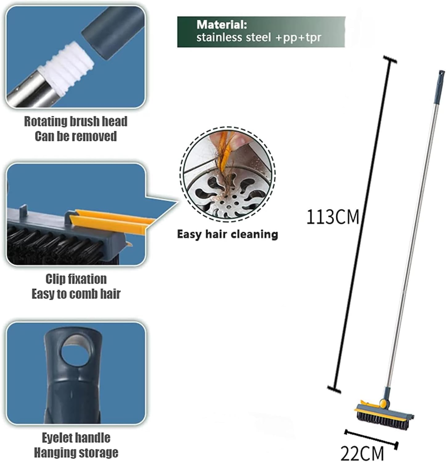 Floor Scrub Brush, 3 in 1 Swivel Grout Brush with V Shaped Corner Squeegee, Cleaning Tools for Cleaning Patio Bathroom Garage Wall Deck Kitchen Tub Tile, 44.48 Inch image number 6