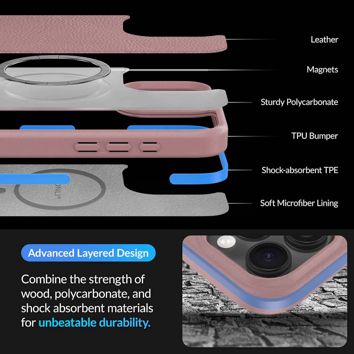 LONLI 2.0 - for Iphone 16 Pro Max Case - the Toughest Leather Magnetic Protective Phone Cover - [360&deg; Shock-Absorbent Bumper and Inner TPE Frame] - [Compatible with Magsafe] - Light Pink Leather image number 5