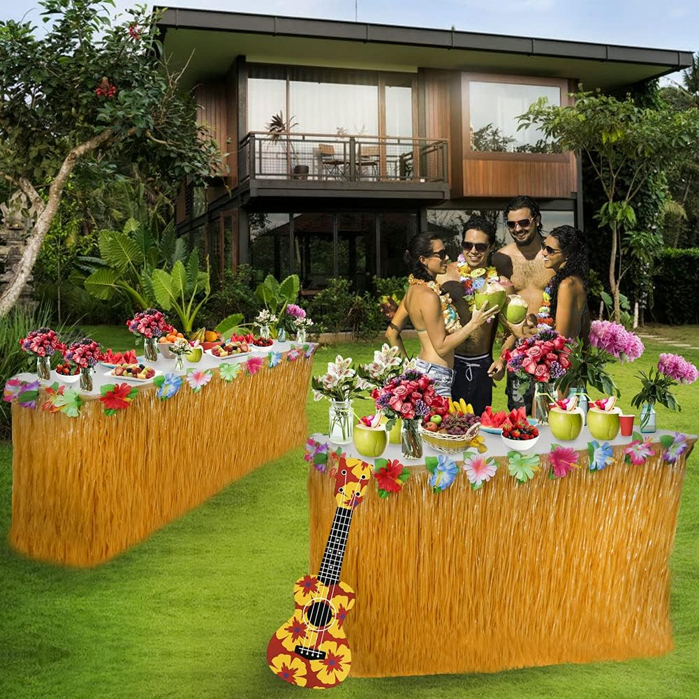 2 Sets Tropical Hawaiian Luau Grass Table Skirt - Decorate Your Party with Island Vibes image number 1