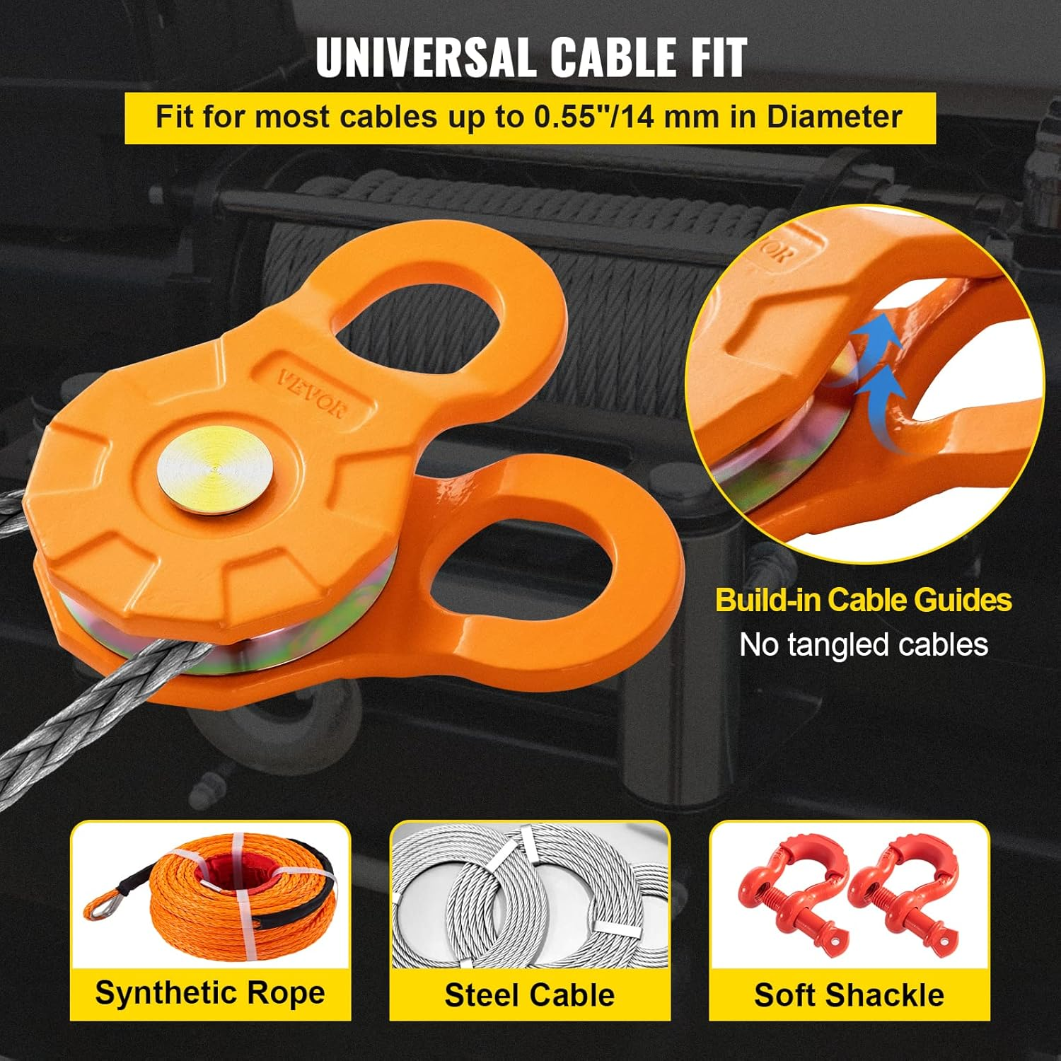 VEVOR Snatch Block, 11T/25,000 LBS Working Load Limit, Heavy Duty Winch Pulley for 0.55"/14 Mm Synthetic Rope or Soft Shackles, Off-Road Recovery Accessories for Tractor, Truck, ATV & UTV, 2 Packs