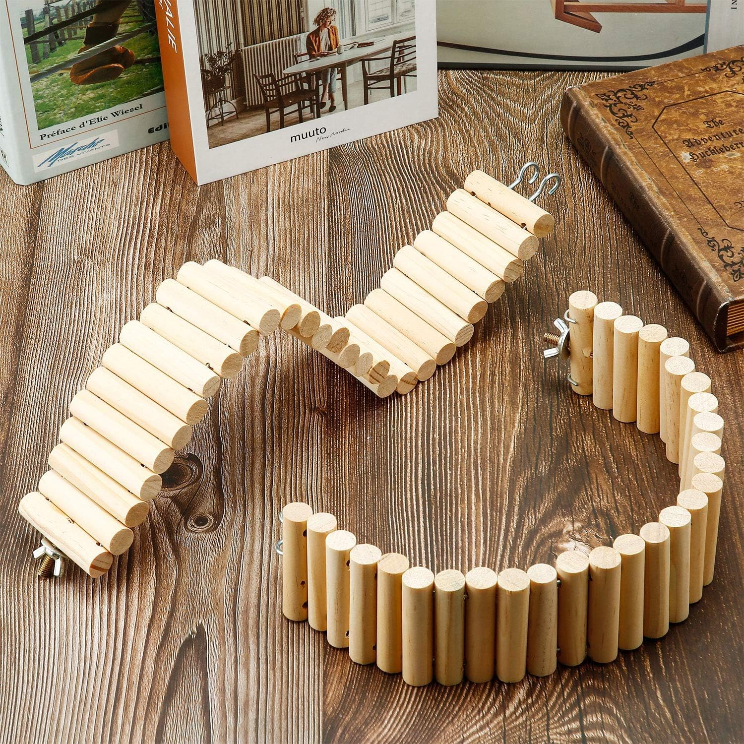 2 Pack Soft Animal Bridge Toy, Wooden Pet Ladder Bridge, Bendable Cage Habitat Toy, for Hamster Mouse Chipmunk and Other Small Animals image number 3