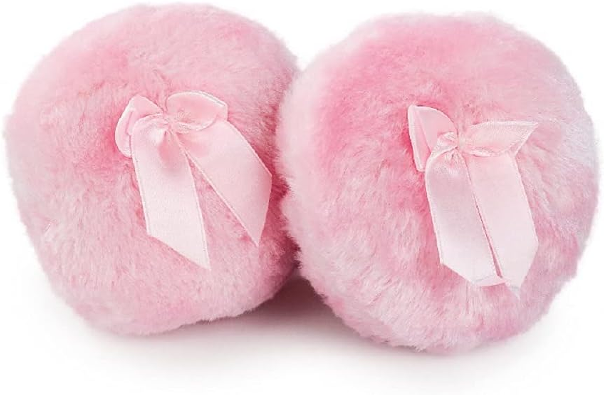 Shuiniba 4 Inch Large Body Powder Puff, Soft Fluffy Plush Puff with Ribbon Bow Handle for Face or Body 2 Pack - Pink