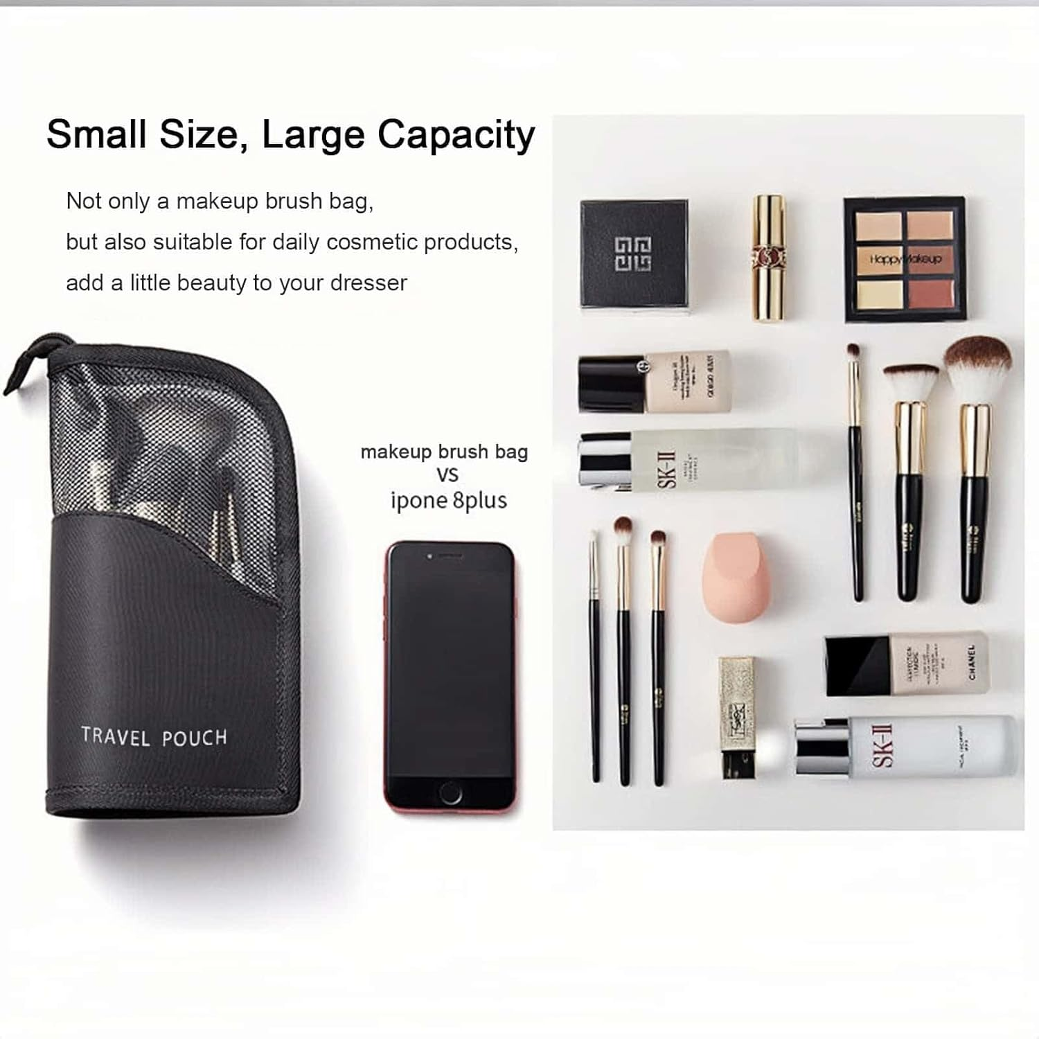 Makeup Brush Holder Travel, Mesh Cosmetic Organizer Bag with Zipper (Black)