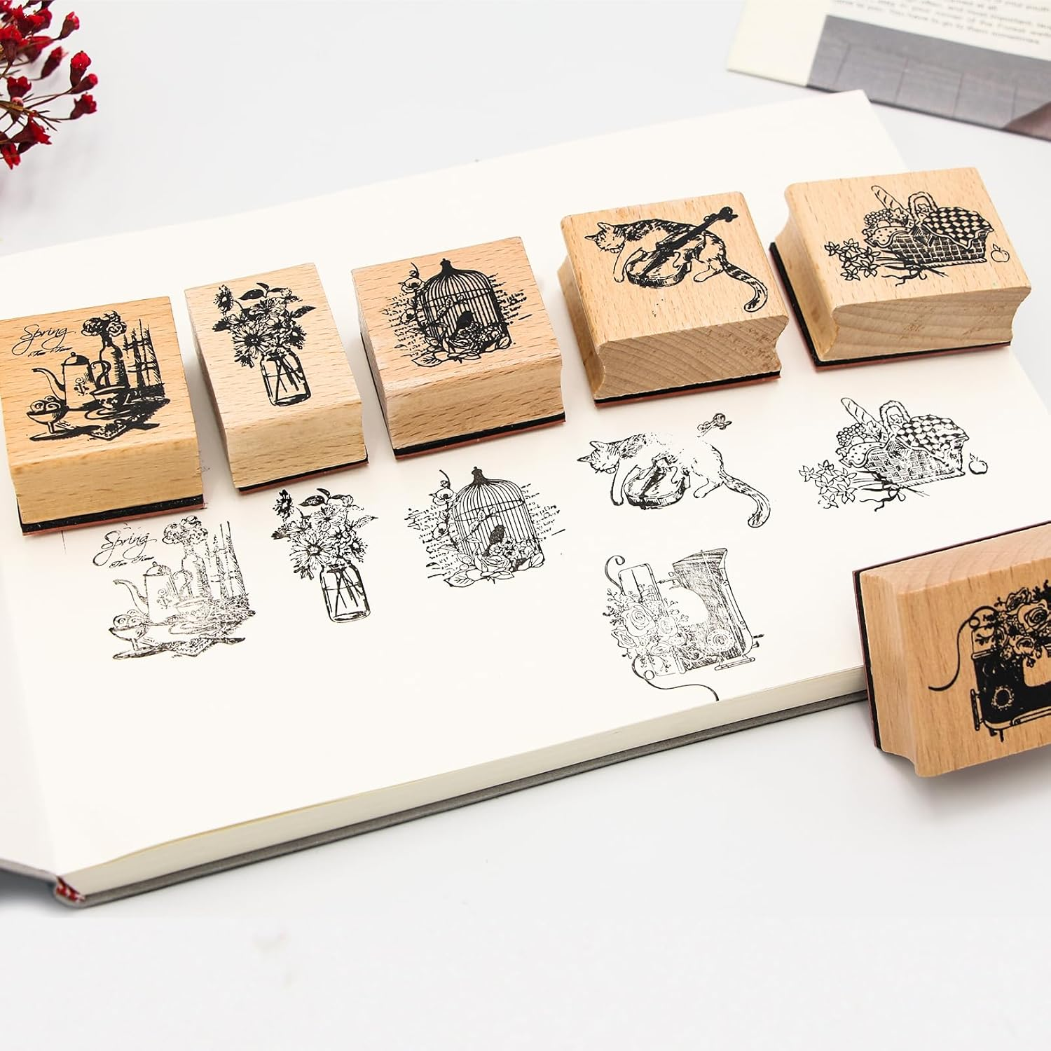 6PCS Wood Rubber Stamp Set, Multipurpose Vintage Rubber Seal, Art Stamps for Scrapbook, DIY Card Making, Bullet Journals and Arts & Craft image number 1