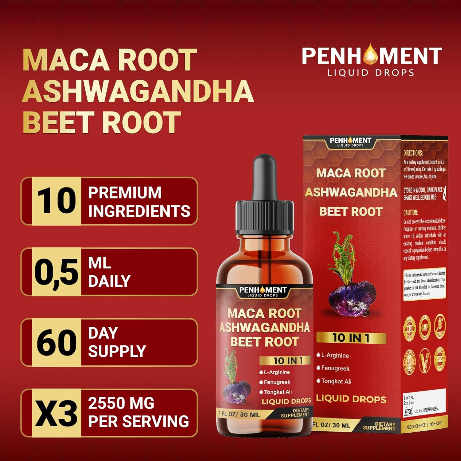 Maca Root Liquid Drops with Ashwagandha, Fenugreek, Beet Root and L-Arginine Liquid for Women and Men - 60 Day Supply image number 4