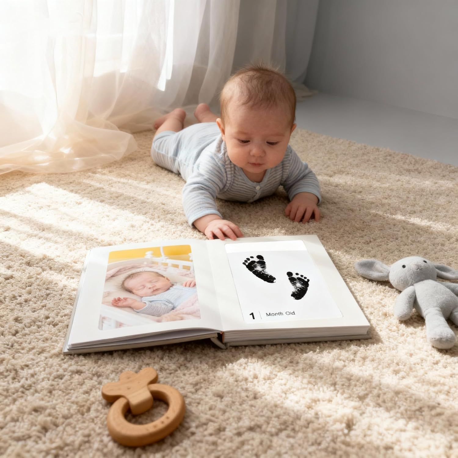 15 PCS Baby Inkless Milestone Cards Hand Casting Kit, 12 Months Baby Gift Ink Print Hand and Footprint Kit, My First Cards Feet Book Print Kit, Baby Newborn Footprint Kit Baby Photo Album Keepsake Book Feet Stamp Postpartum Gifts Ink Impression (Green Gift Box with Album) image number 6