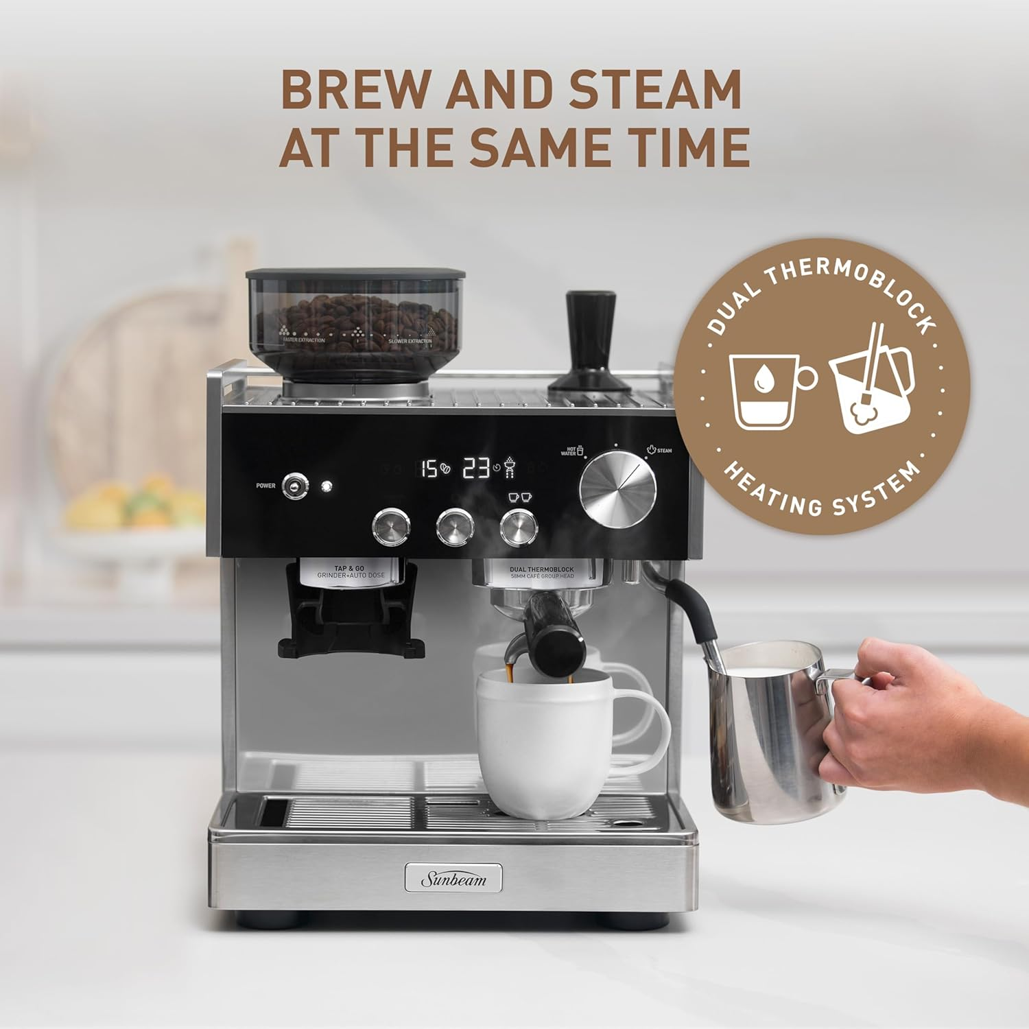 Sunbeam Origins Dual Espresso Machine | Coffee Machine W/Built-In Conical Burr Grinder & Anti-Static Technology, Dual Thermoblock System for Simultaneous Brewing & Steaming, Stainless Steel EMM7300SS image number 2