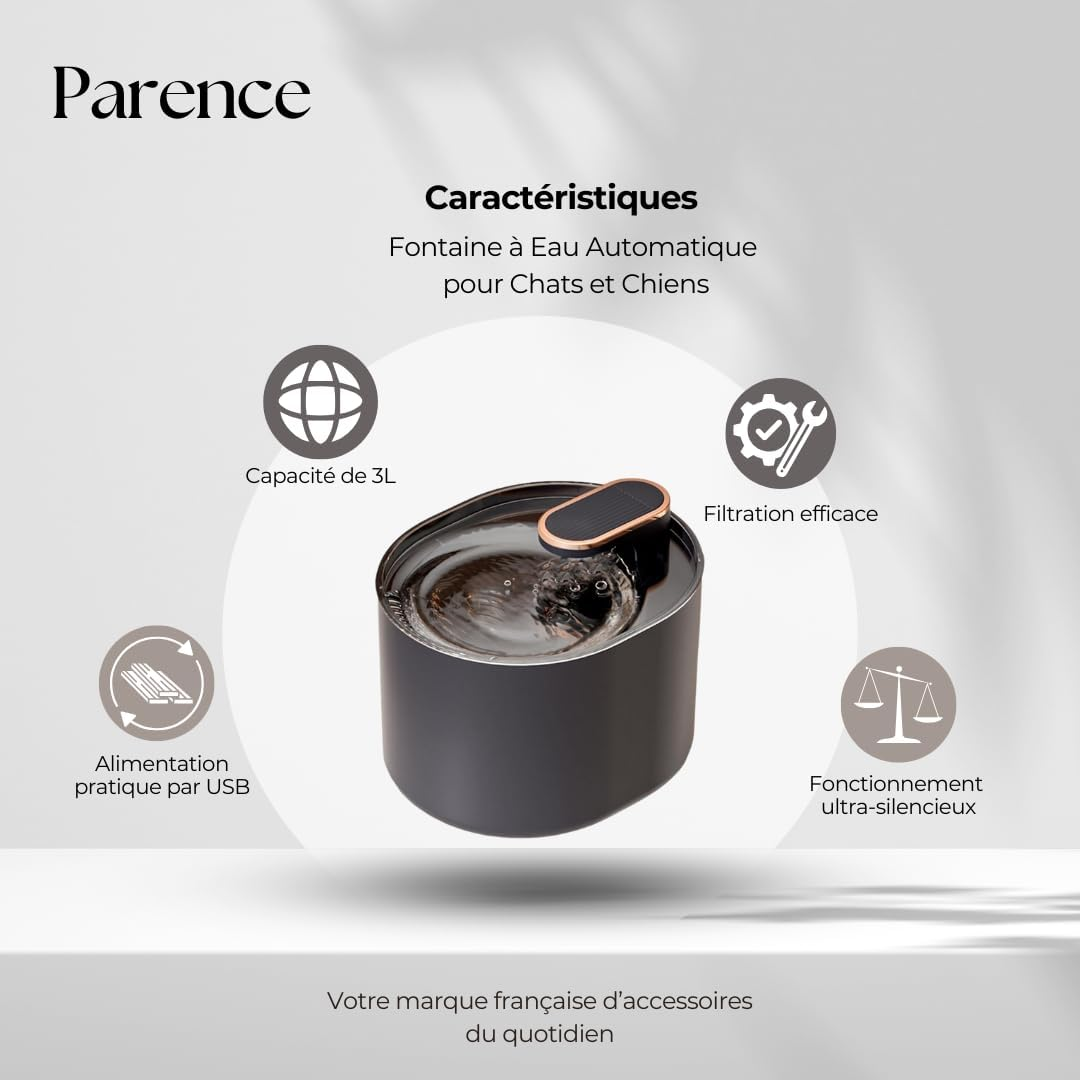 PARENCE. - Automatic Water Dispenser for Cats and Dogs - Quiet Fountain with Filter Included - Even Water Flow - 3L image number 3