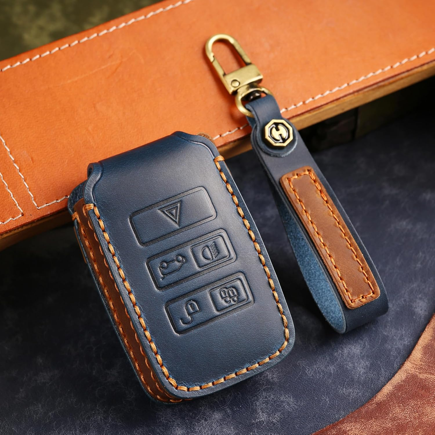 Ontto Car Key Cover Fit for Range Rover Evoque Sport Velar Discovery 4 for Jaguar F-Pace F-Type XJ XF XE Handmade Leather Key Case Holder Keyring Key Chain Smart Key Shell Protector Accessories - A-Blue image number 6
