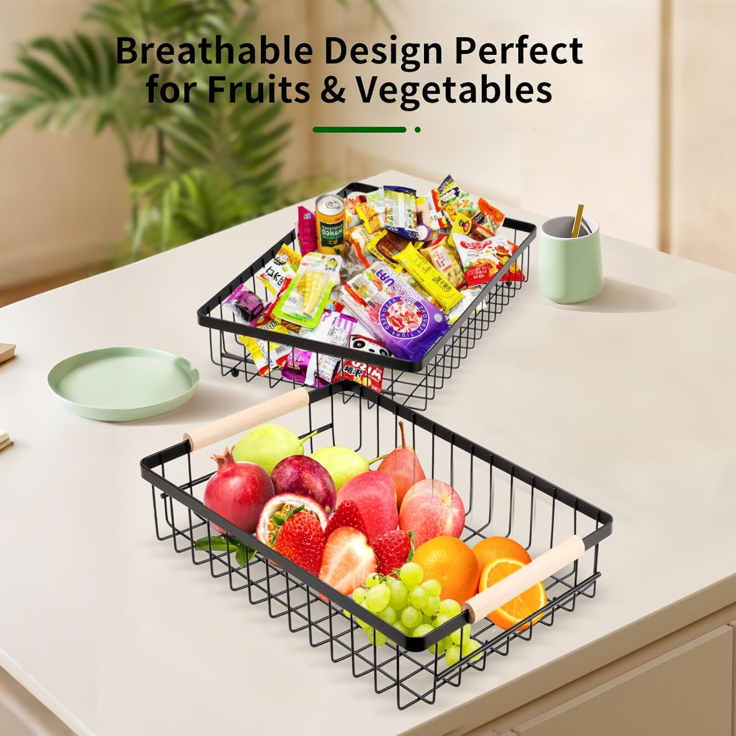 VINATO Fruit Basket, Fruit Stand 2 Tier with Wooden Handles for Kitchen, Bathroom & More - Fruit Stand, Vegetable & Kitchen Organisation, Snack Organiser, Black image number 6