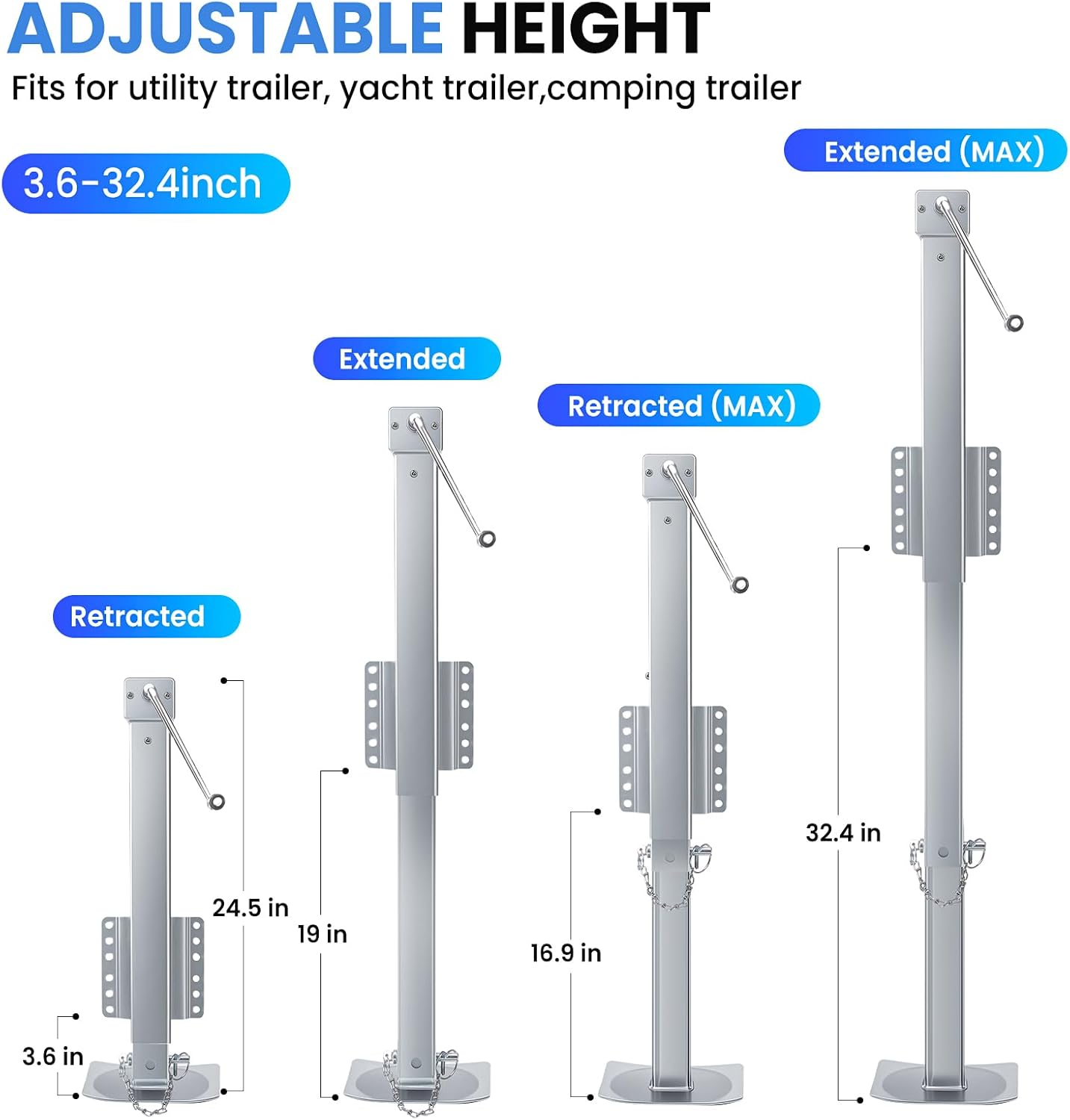 8000 Lbs Heavy Duty Trailer Jack, 28.8" Lift, 20-24V Cordless Drill Compatible, for RV, Boat, Yacht & Utility Trailers, with Manual Crank Handle & Weatherproof Cover, Sliver - Sliver image number 3