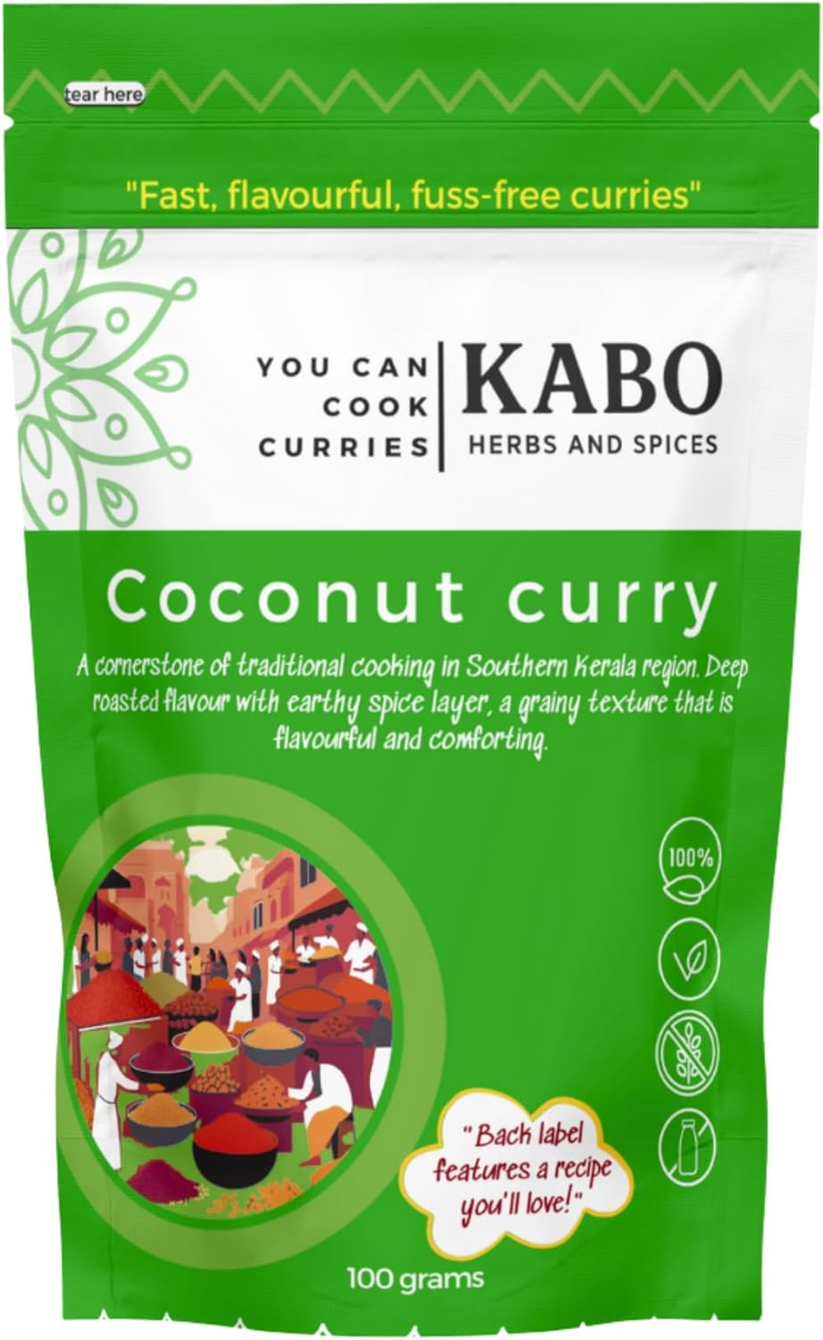 KABO Coconut Curry Masala 100G (3.52Oz) &ndash; Authentic South Indian Spice Blend with Slow-Roasted Coconut | Complete Mix, No Onion or Tomato Prep Needed for Chicken, Prawn, Lamb, Eggplant & Veg 100% Natural, Vegan, No Additives, Ziplock Pouch image number 6