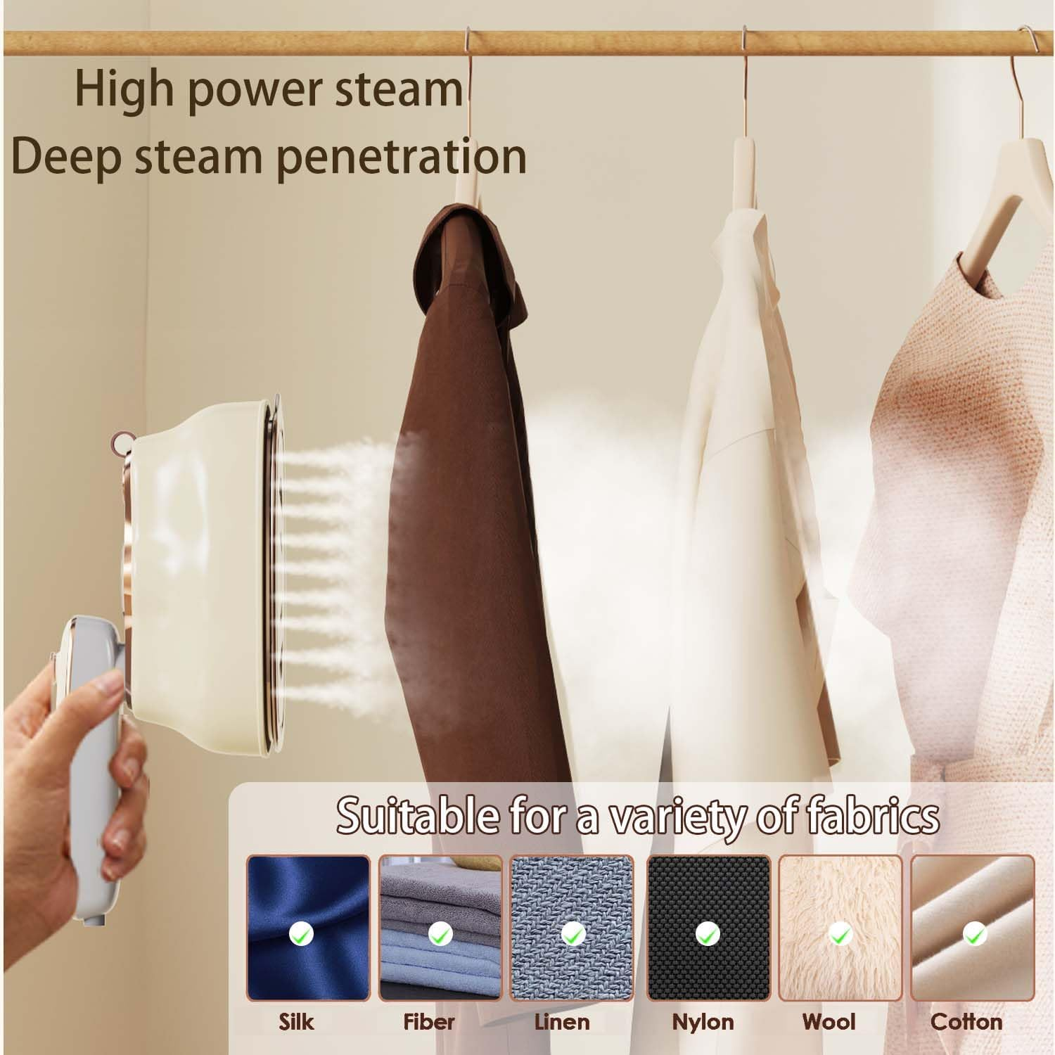 Portable Handheld Garment Steamer Foldable,1200W Fast Heat-Up Travel Steamer with Temperature Indicator 2 in 1 Ironing & Steaming Handheld Clothes Steamer for Home Appliances, Gifts, Travel (Beige) image number 4