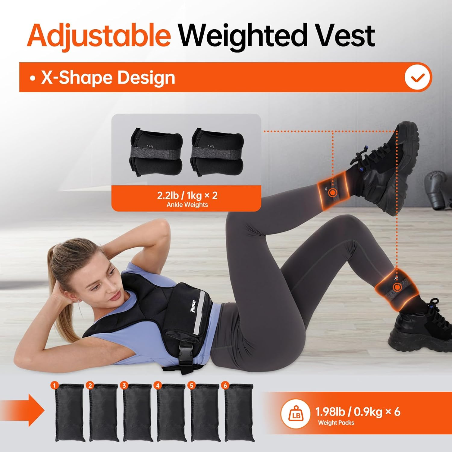 PASYOU Adjustable Weighted Vest 10LB-22LB with Reflective Strip Body Weight Vest with 6 Ironsand Weights 2 Ankle Weights for Men Women Running Weights Vest for Cardio Strength Training Walking Black image number 5