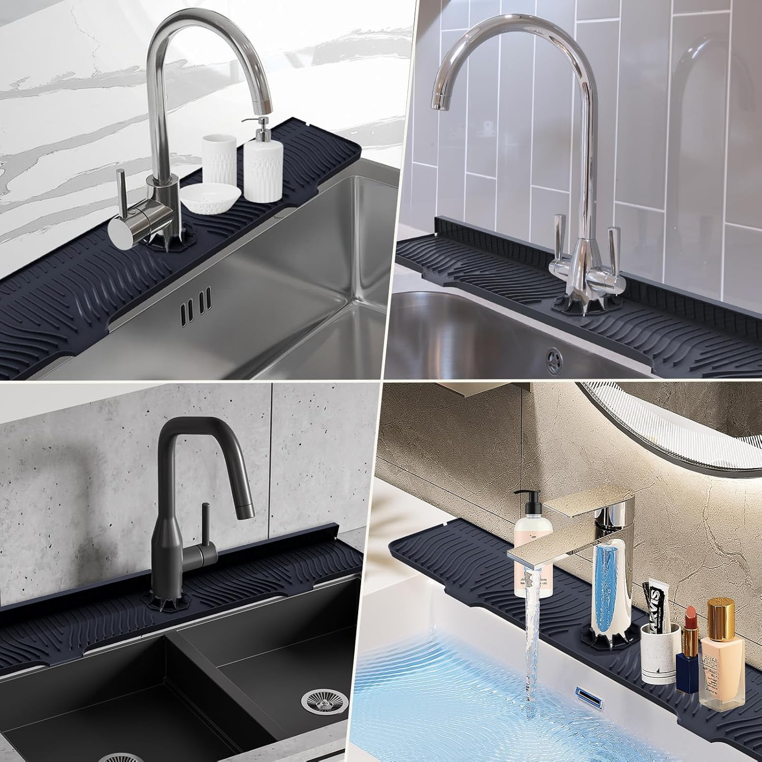 Deaunbr 33-Inch Kitchen Sink Splash Guard Mat, Silicone Material, Protects Faucet Handle, Multipurpose for Kitchen, Bathroom, Sink Sponge Holder - Black image number 2