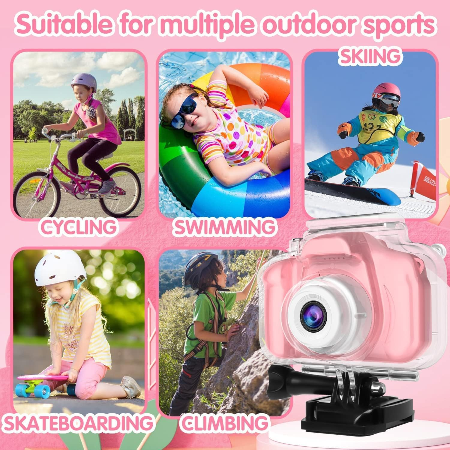 Seckton Kids Camera Waterproof for Girls 3-12 Year Old Children'S Day Birthday 1080P Children Digital Camera Underwater HD Video Toddler Camera Toys 2 Inch Screen with 32GB Card (Pink) - Pink image number 6